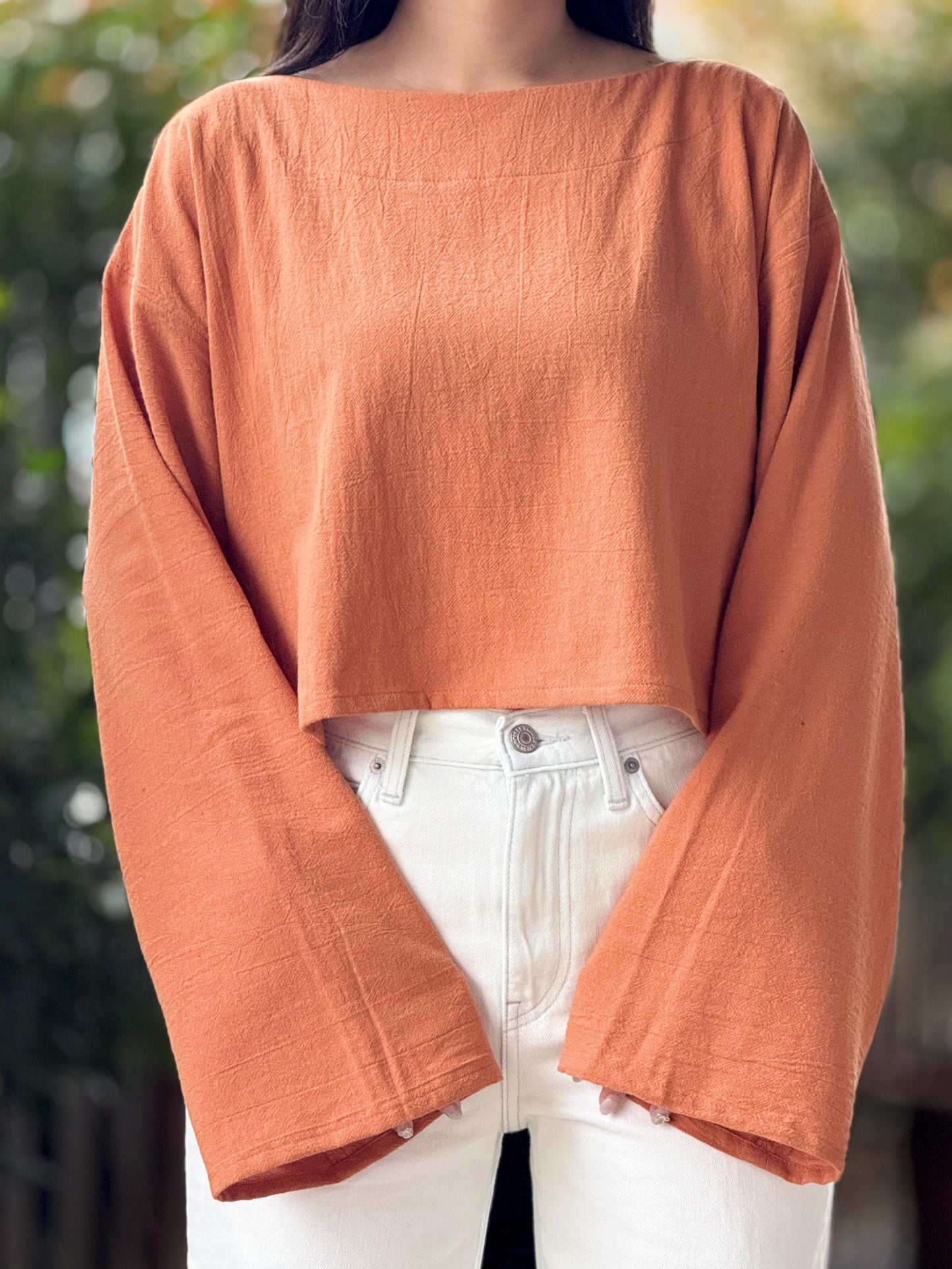 Cotton Wide Neck High-Low Long Sleeve Top