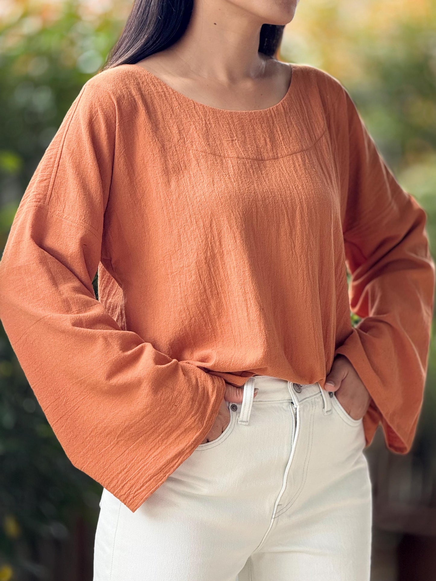 Cotton Scoop Neck Loose-Fitting Long-Sleeve Blouse