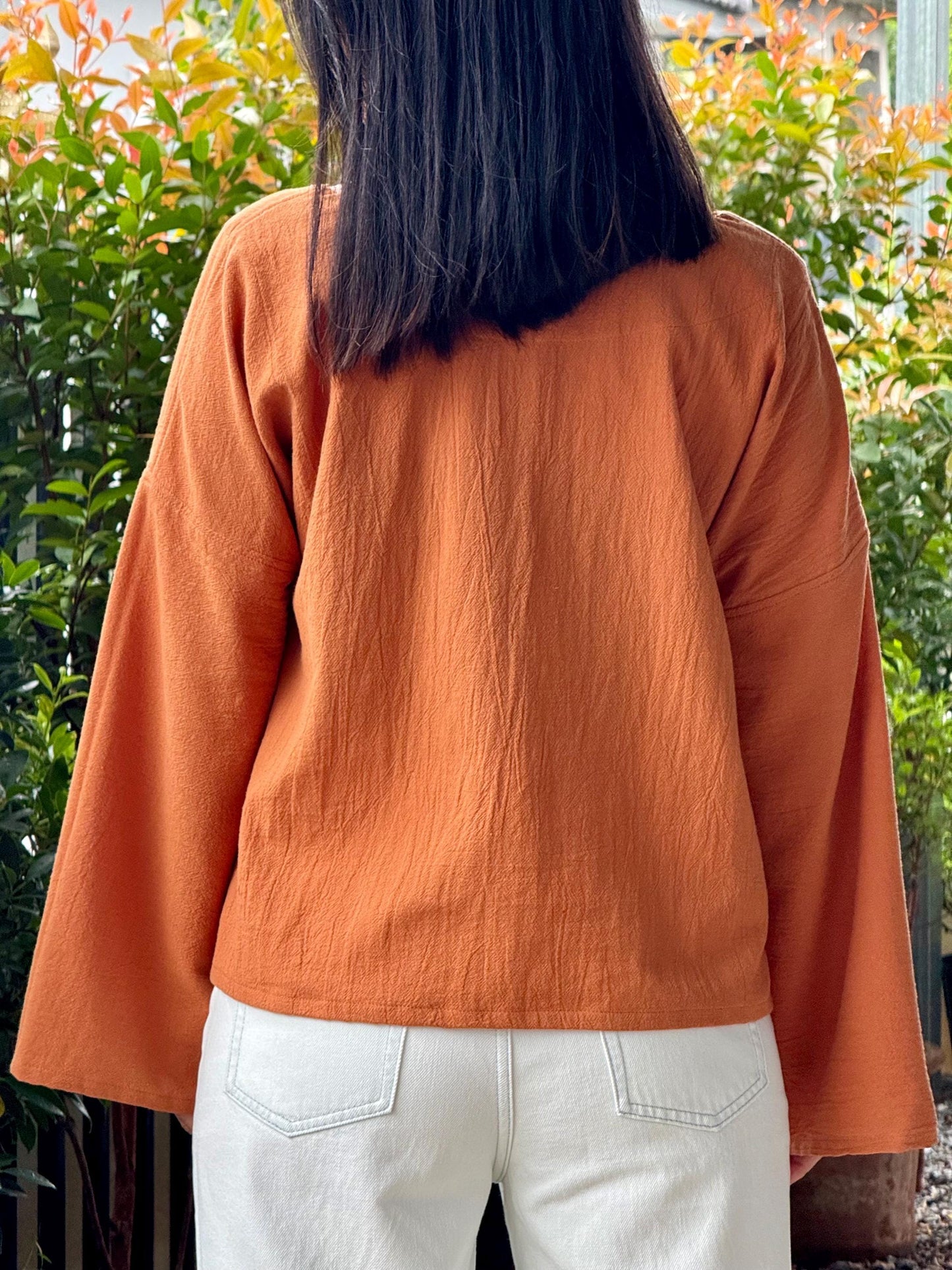 Cotton Scoop Neck Loose-Fitting Long-Sleeve Blouse