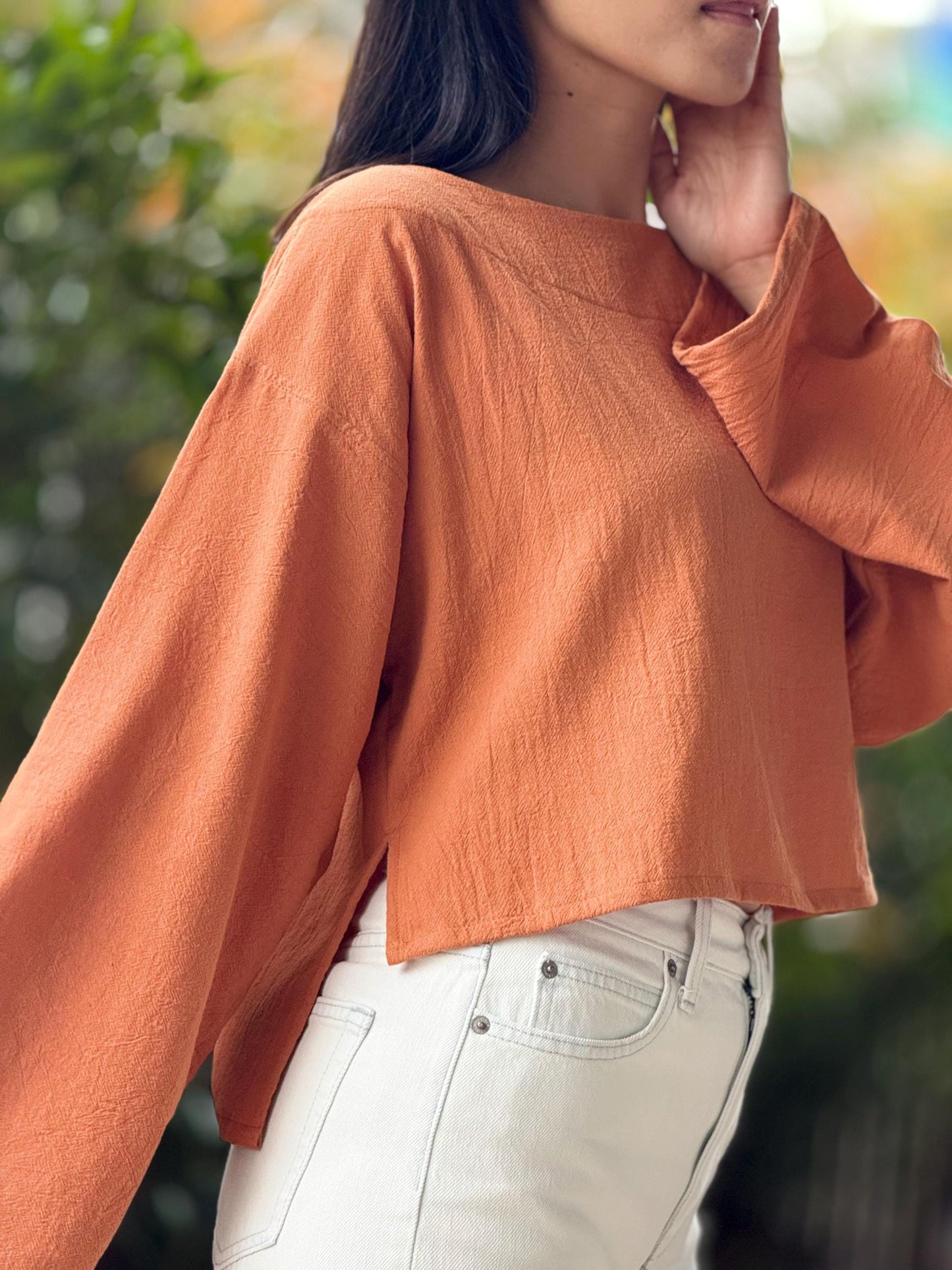 Cotton Wide Neck High-Low Long Sleeve Top