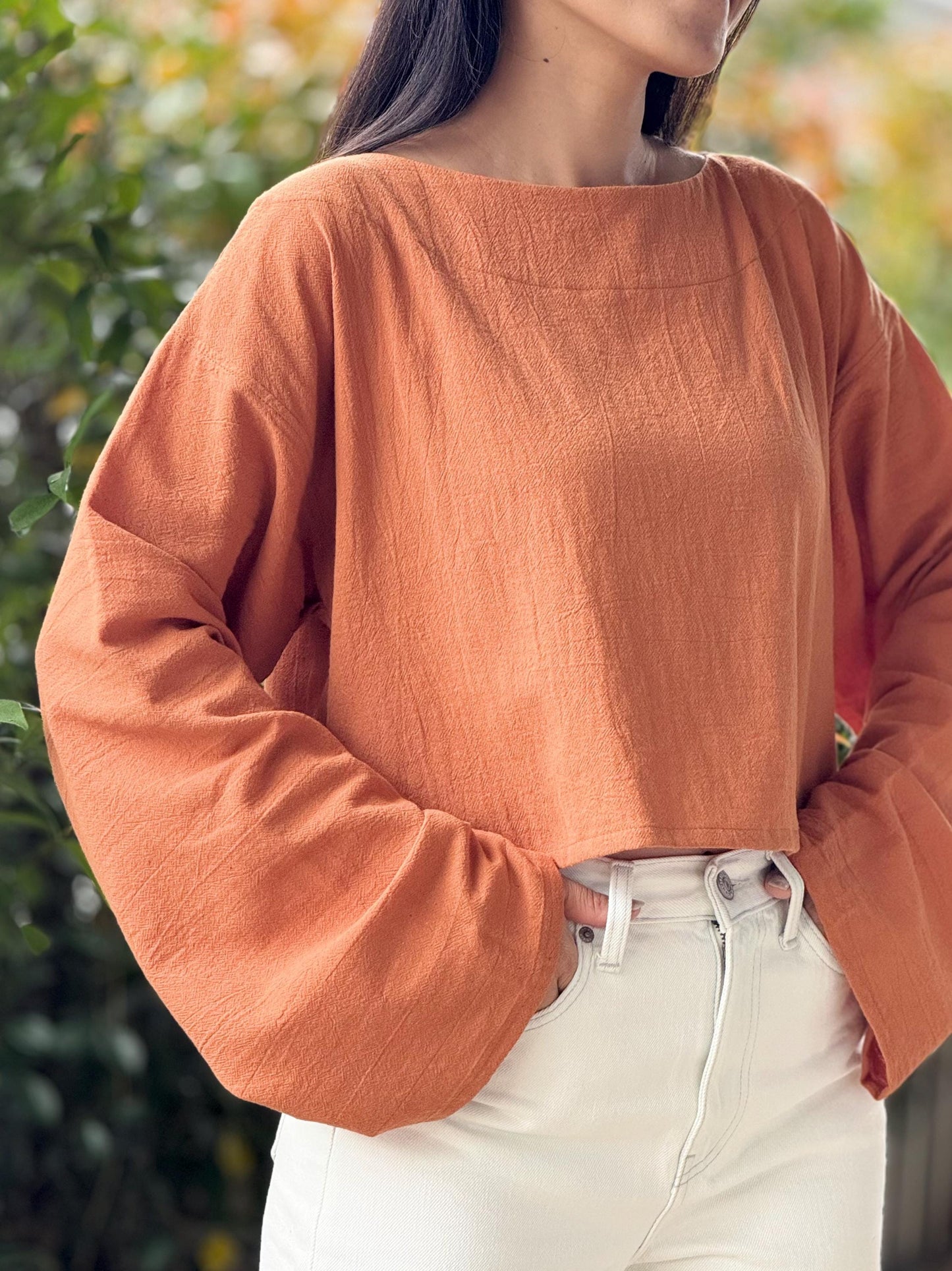 Cotton Wide Neck High-Low Long Sleeve Top
