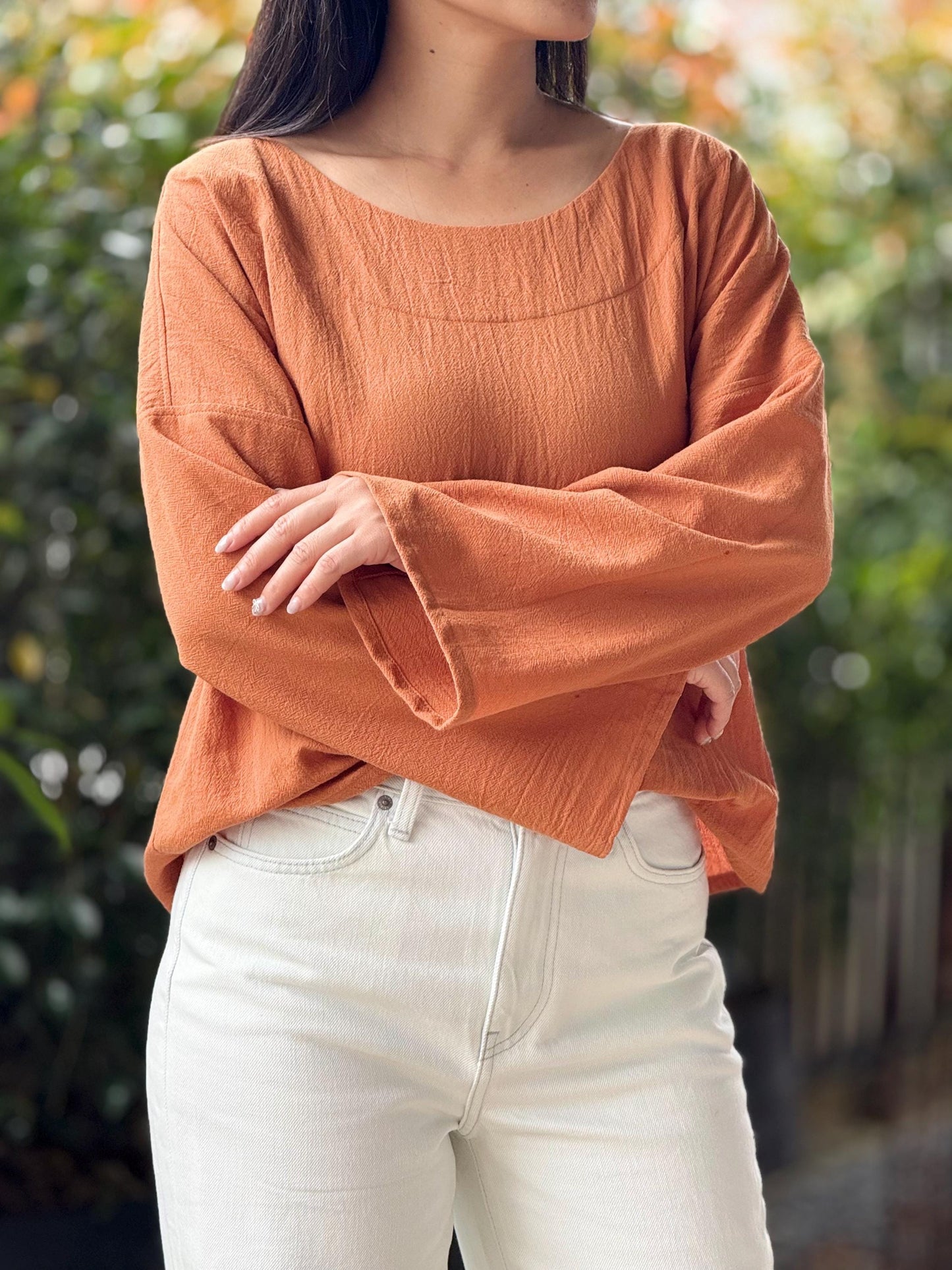 Cotton Scoop Neck Loose-Fitting Long-Sleeve Blouse