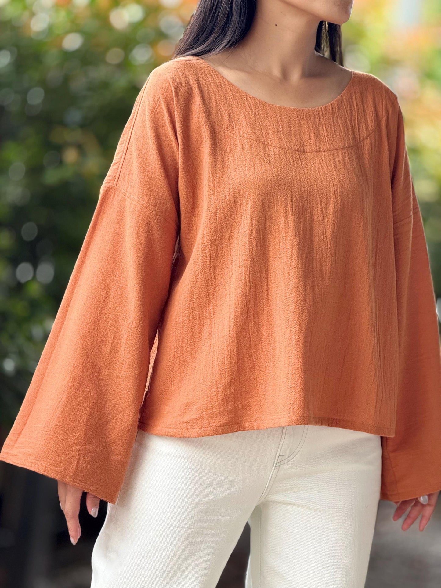 Cotton Scoop Neck Loose-Fitting Long-Sleeve Blouse