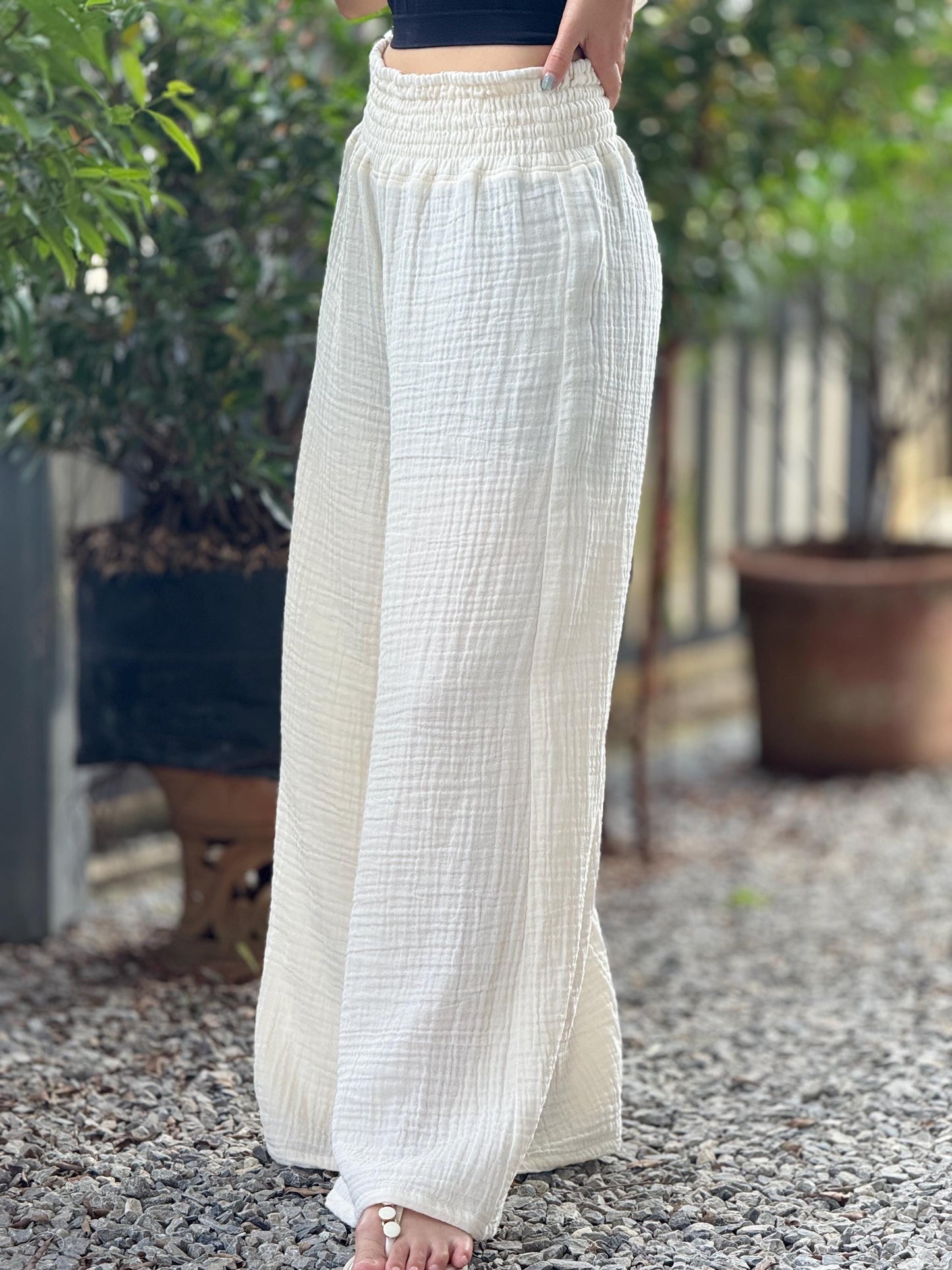 Casual Smocked Waist Cotton Gauze Trousers /Gauze Muslin Pants - Loungeware