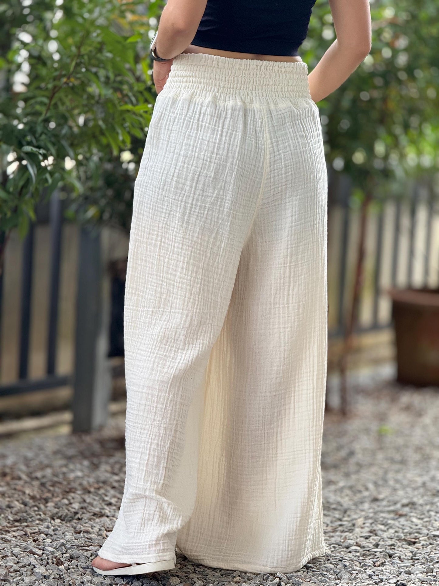 Casual Smocked Waist Cotton Gauze Trousers /Gauze Muslin Pants - Loungeware