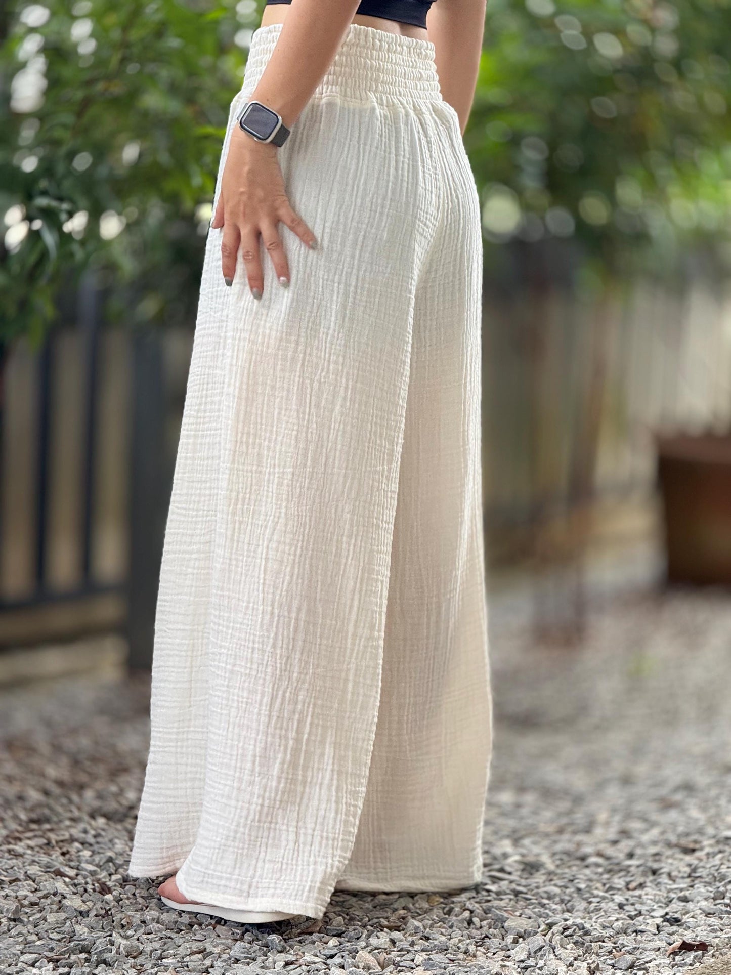 Casual Smocked Waist Cotton Gauze Trousers /Gauze Muslin Pants - Loungeware