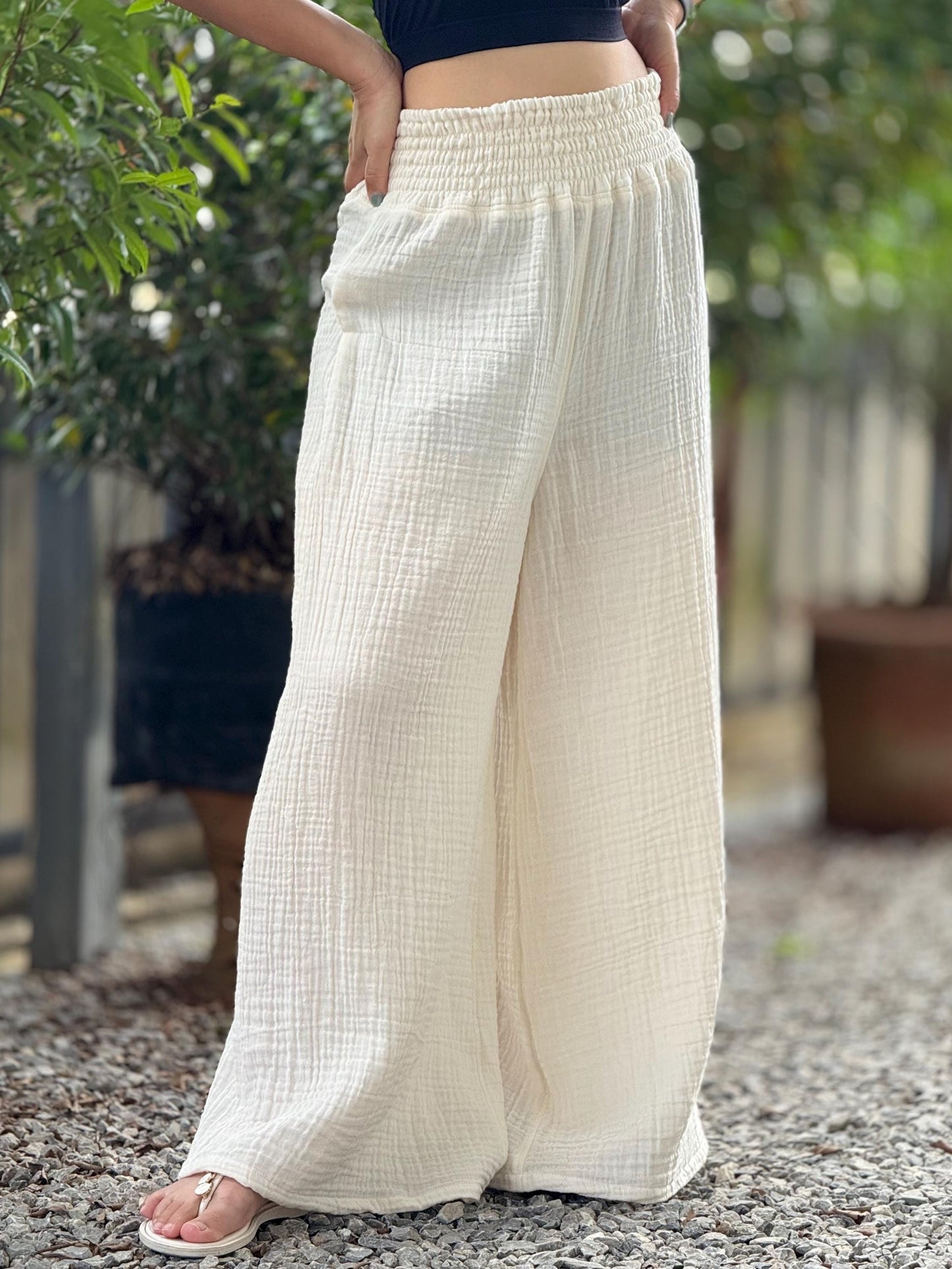 Casual Smocked Waist Cotton Gauze Trousers /Gauze Muslin Pants - Loungeware