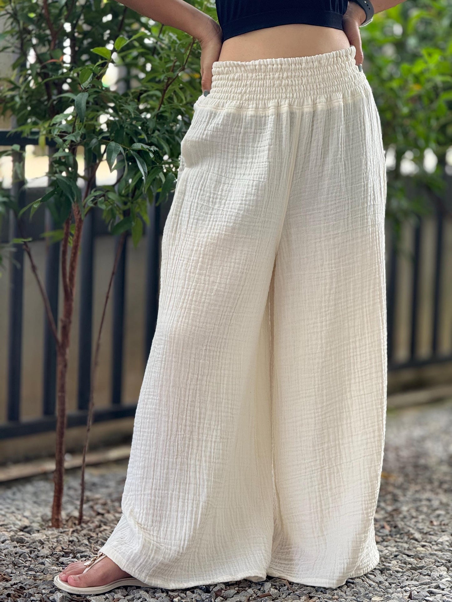 Casual Smocked Waist Cotton Gauze Trousers /Gauze Muslin Pants - Loungeware