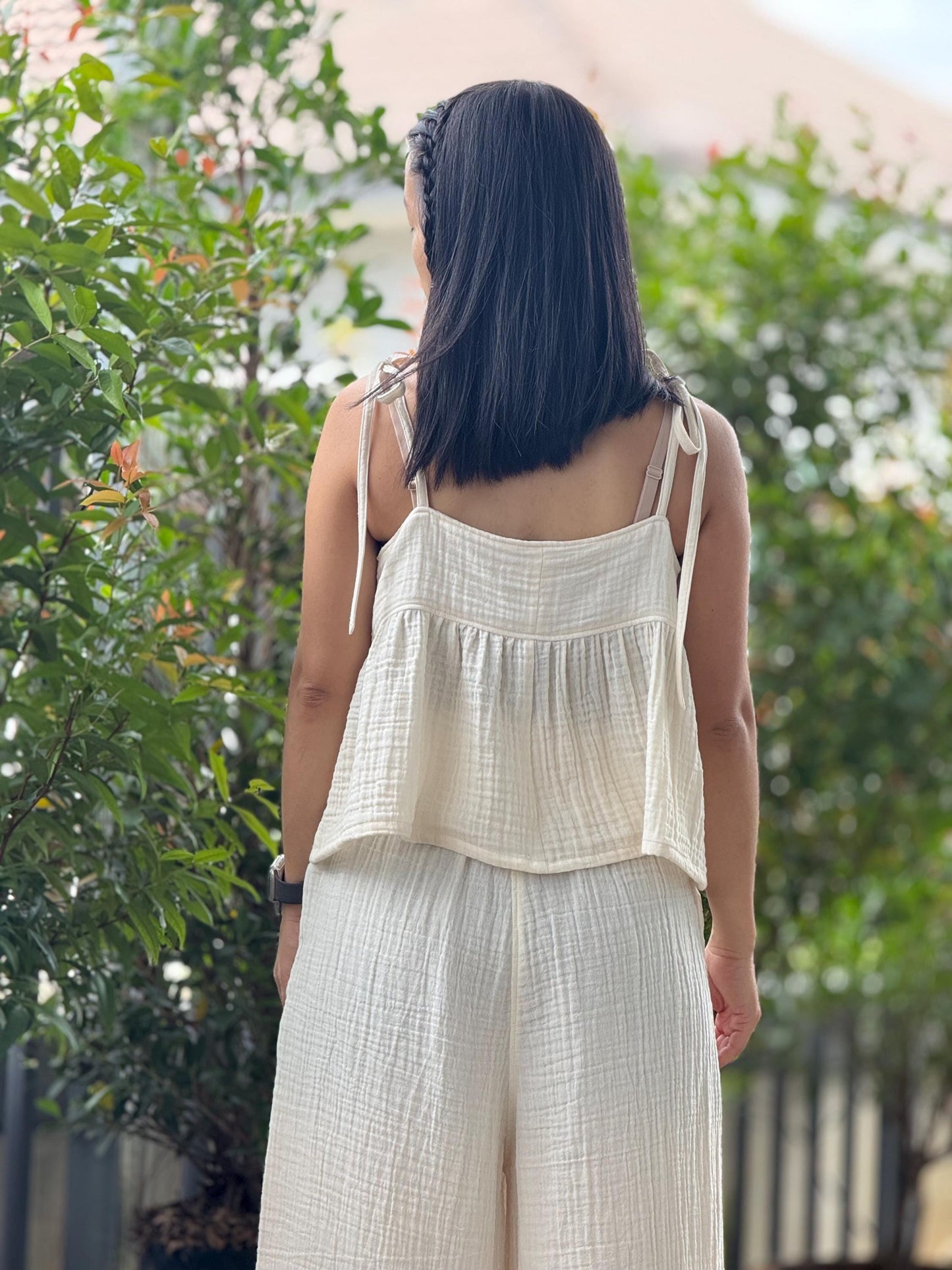 Organic Cotton Tie-Strap Top | Adjustable Shoulder Bow Cami | Crinkle Double Gauze Ruffle Tank | Breathable Minimalist Summer Blouse