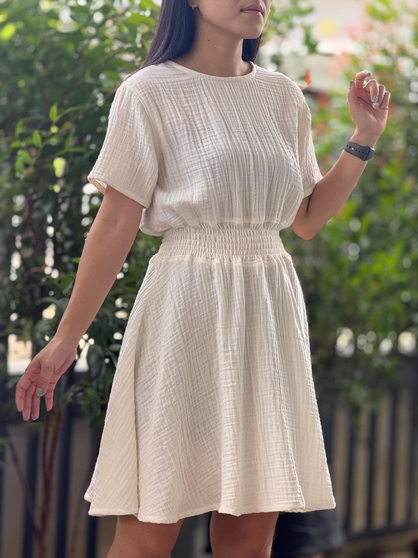 Muslin Double Gauze Dress | Smocked Waist & Back Zipper Design