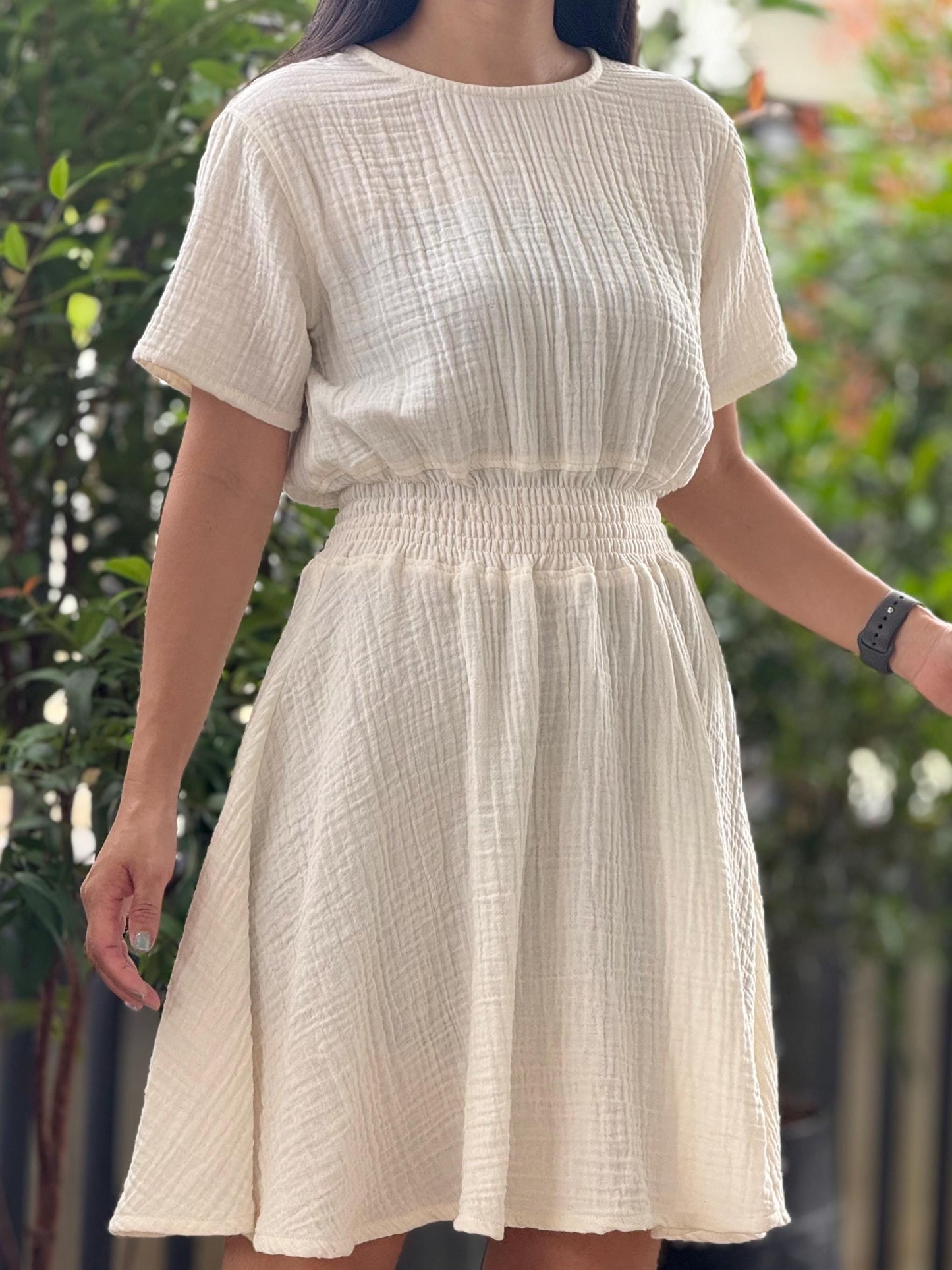Muslin Double Gauze Dress | Smocked Waist & Back Zipper Design