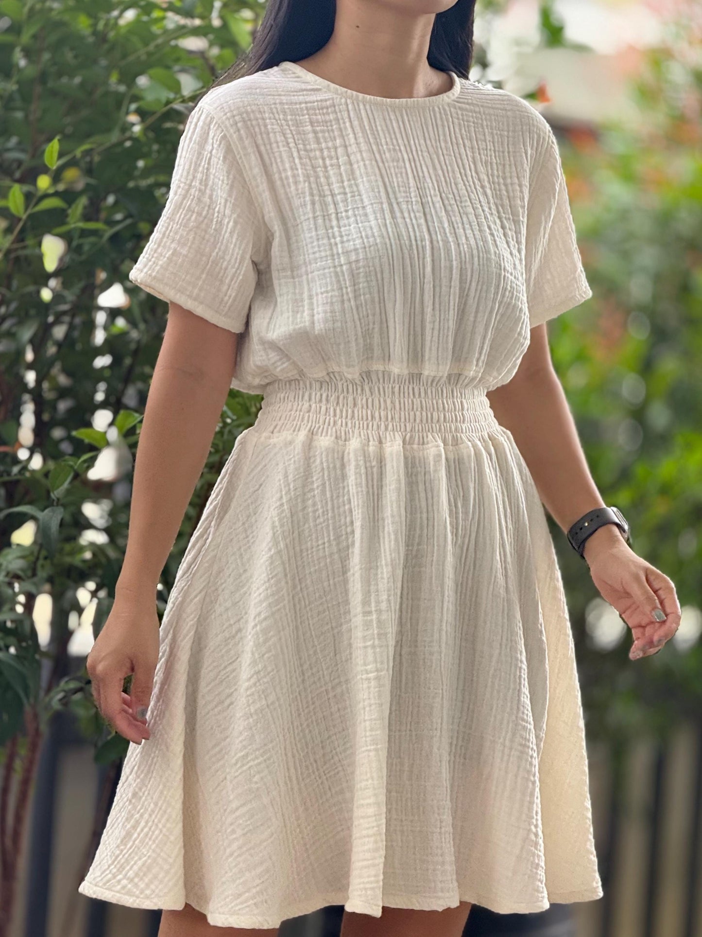 Muslin Double Gauze Dress | Smocked Waist & Back Zipper Design