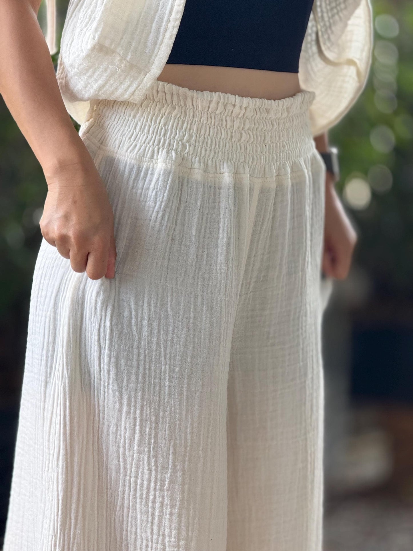 Casual Smocked Waist Cotton Gauze Trousers /Gauze Muslin Pants - Loungeware