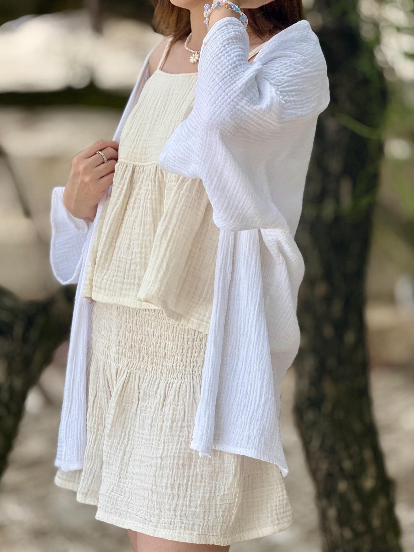 Organic Cotton Tie-Strap Top | Adjustable Shoulder Bow Cami | Crinkle Double Gauze Ruffle Tank | Breathable Minimalist Summer Blouse