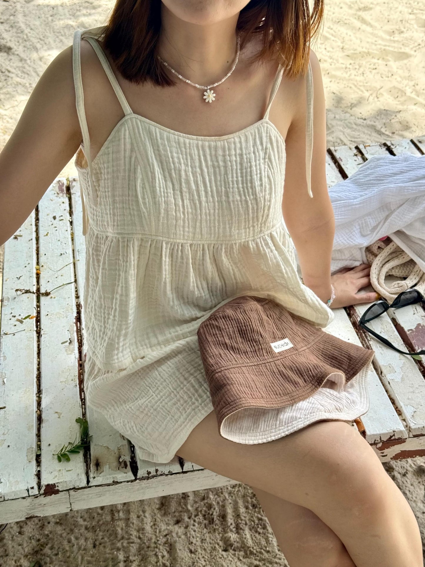 Organic Cotton Tie-Strap Top | Adjustable Shoulder Bow Cami | Crinkle Double Gauze Ruffle Tank | Breathable Minimalist Summer Blouse