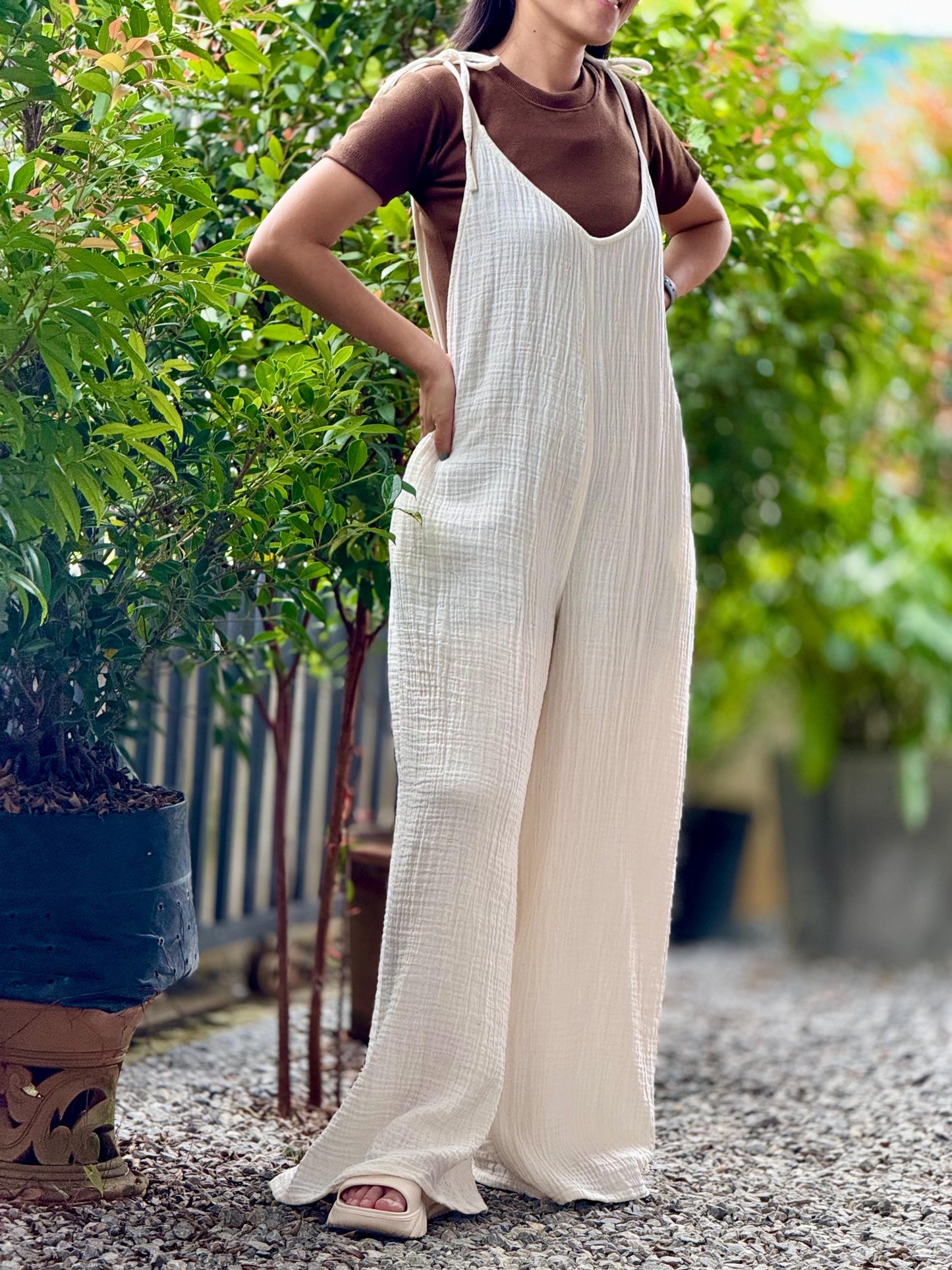 Muslin Tie-Strap Jumpsuit | Double Gauze Tie-Shoulder Overalls | Lightweight Gauze Dungaree for Women
