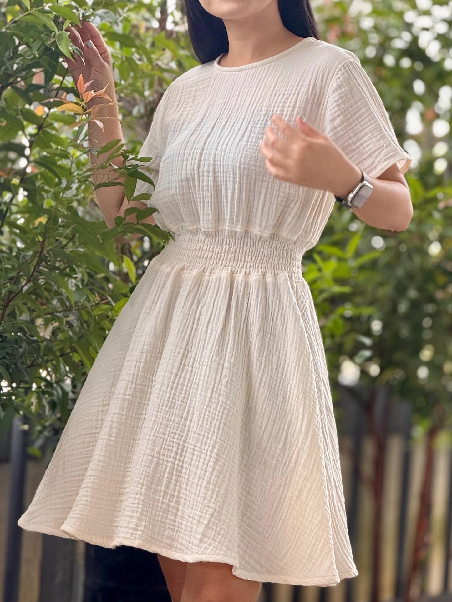 Muslin Double Gauze Dress | Smocked Waist & Back Zipper Design