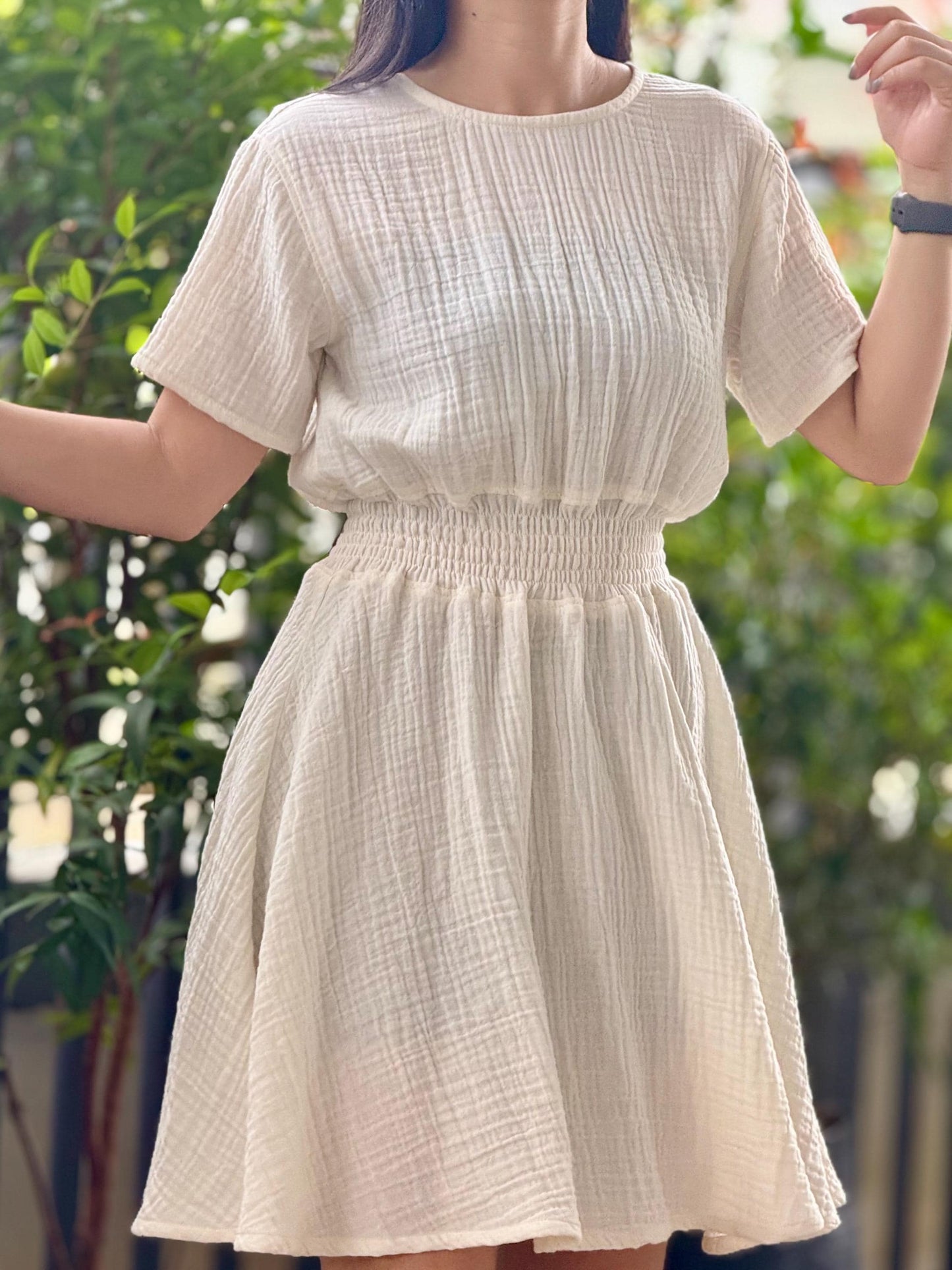 Muslin Double Gauze Dress | Smocked Waist & Back Zipper Design
