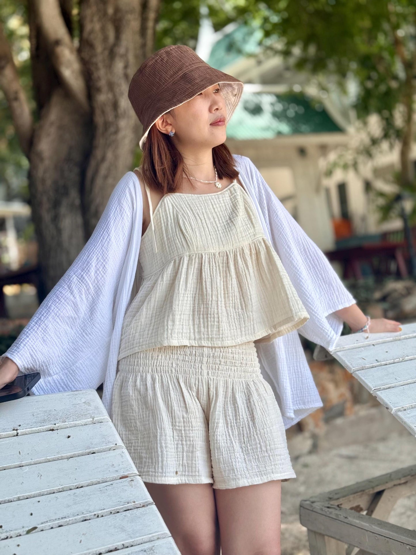 Double Gauze Muslin Smocked Waist Shorts