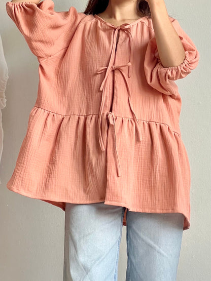 Muslin Double Gauze Loose String-Tie Blouse