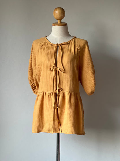 Muslin Double Gauze Loose String-Tie Blouse