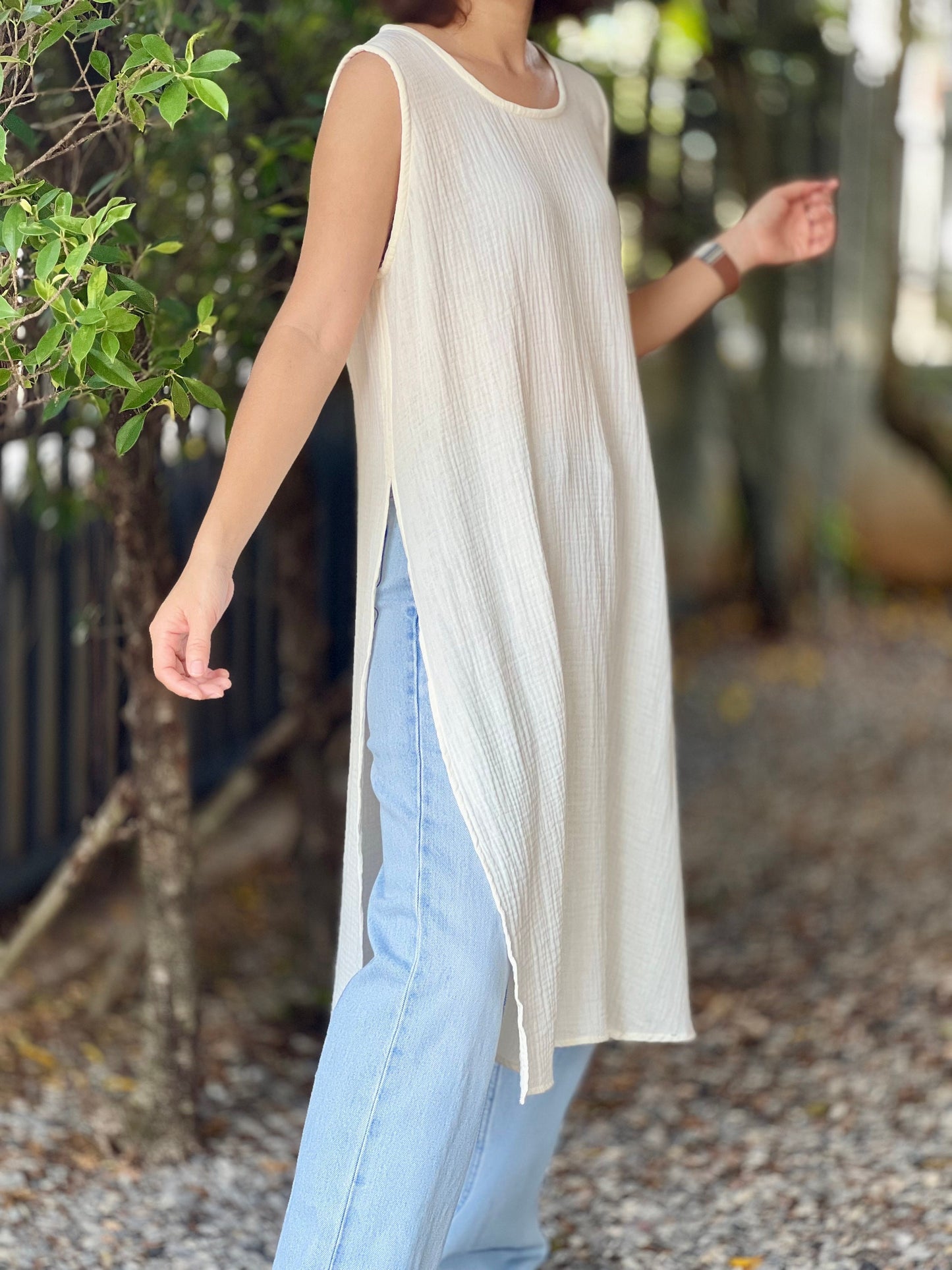 Muslin Double Gauze Sleeveless Long Top