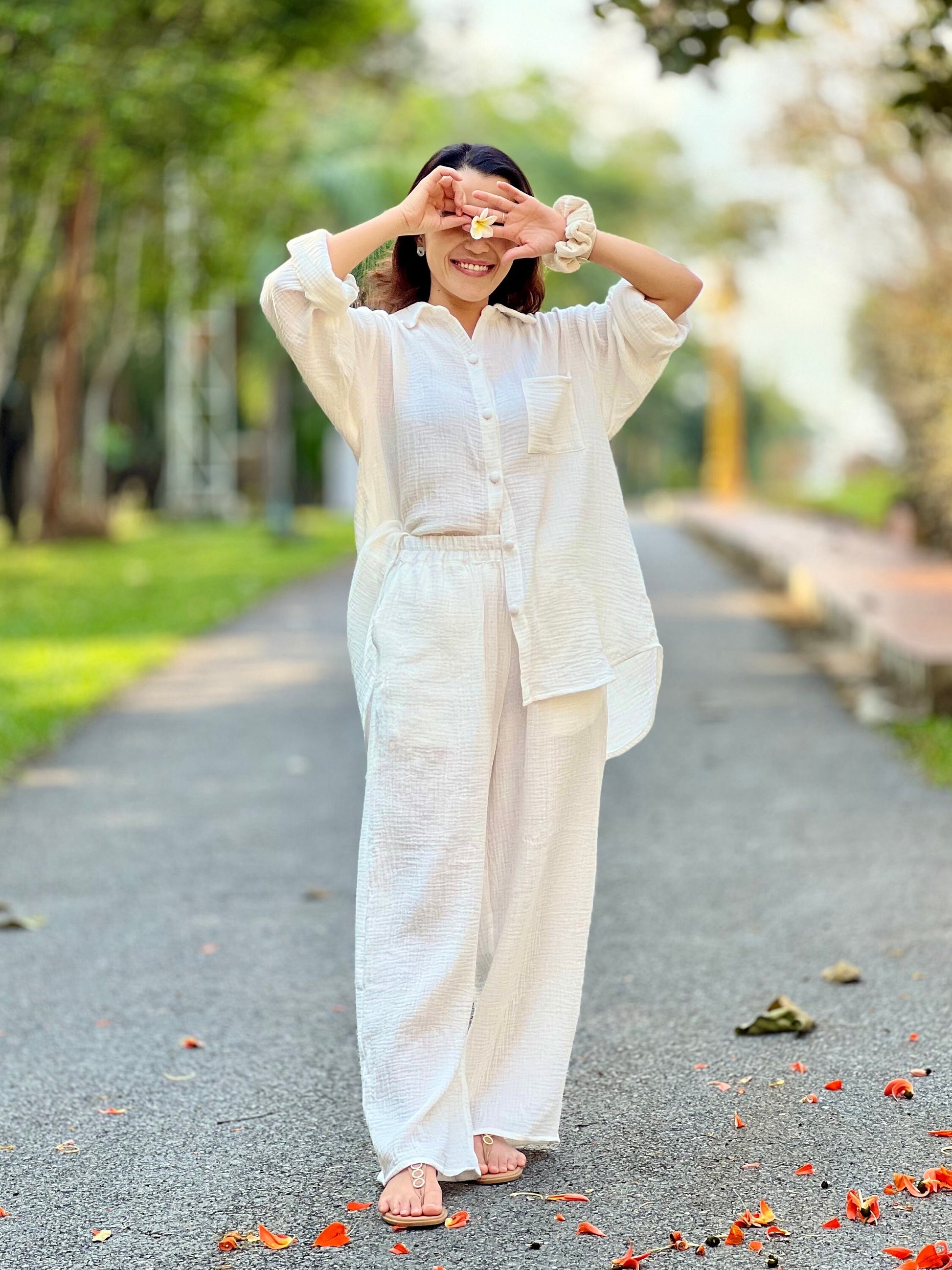 Womens Double Gauze Muslin Top and Pants Set - Loungeware