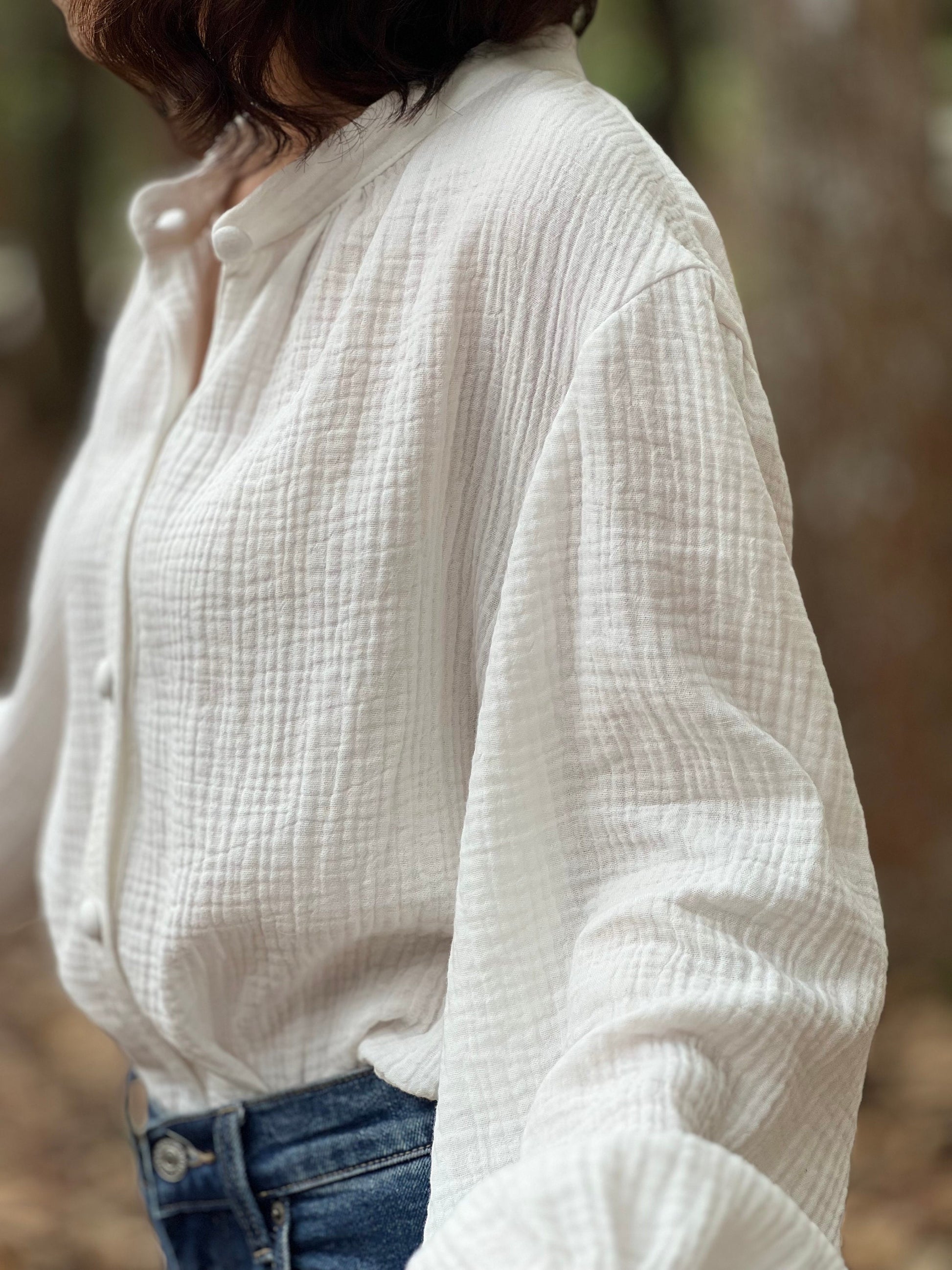 Muslin Double Gauze Band Collar Blouse | Crepe Cotton Loose Fit Shirt | Summer Shirt | Beach Wear | Swimsuit Cover