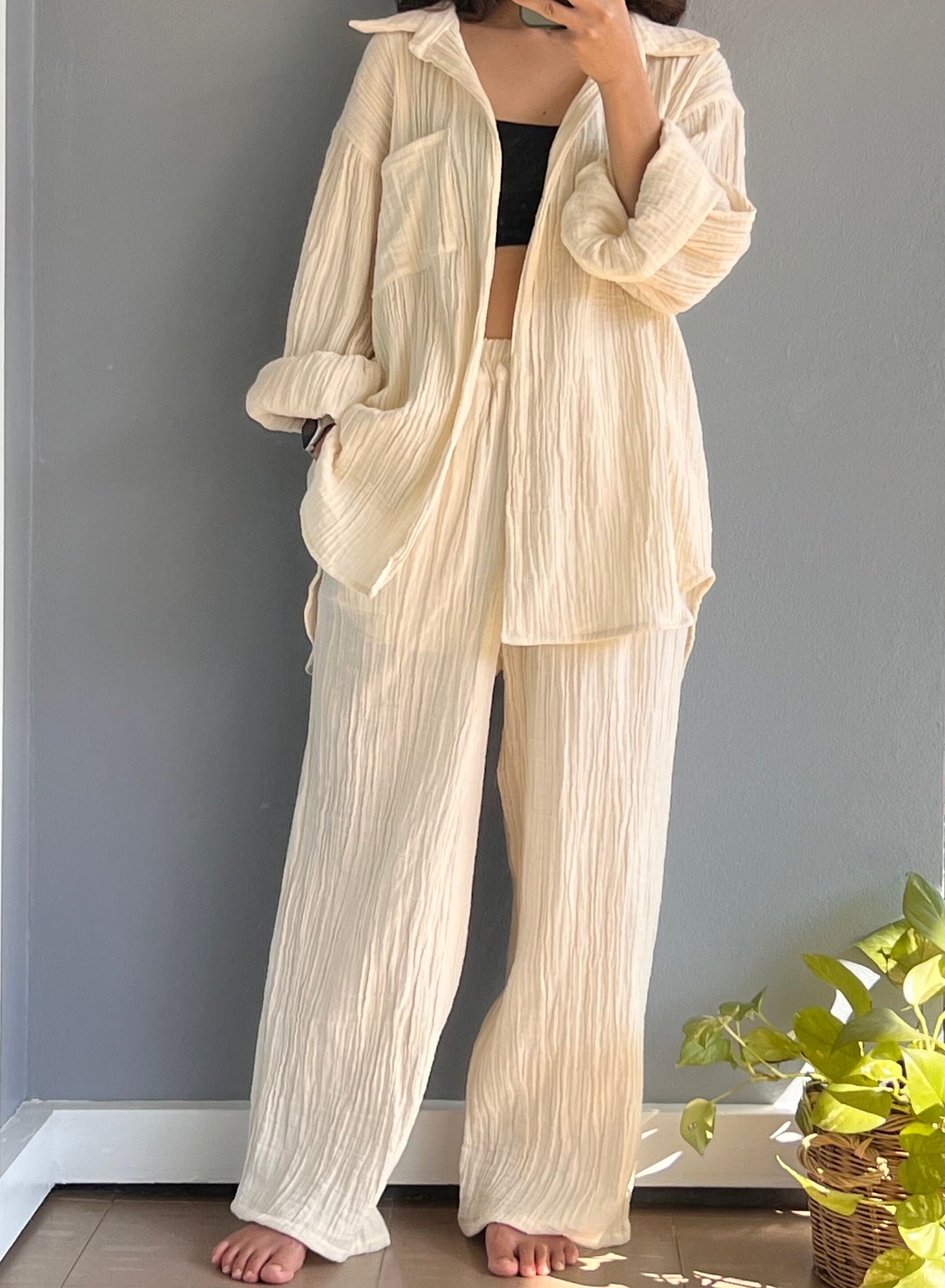Womens Double Gauze Muslin Top and Pants Set - Loungeware