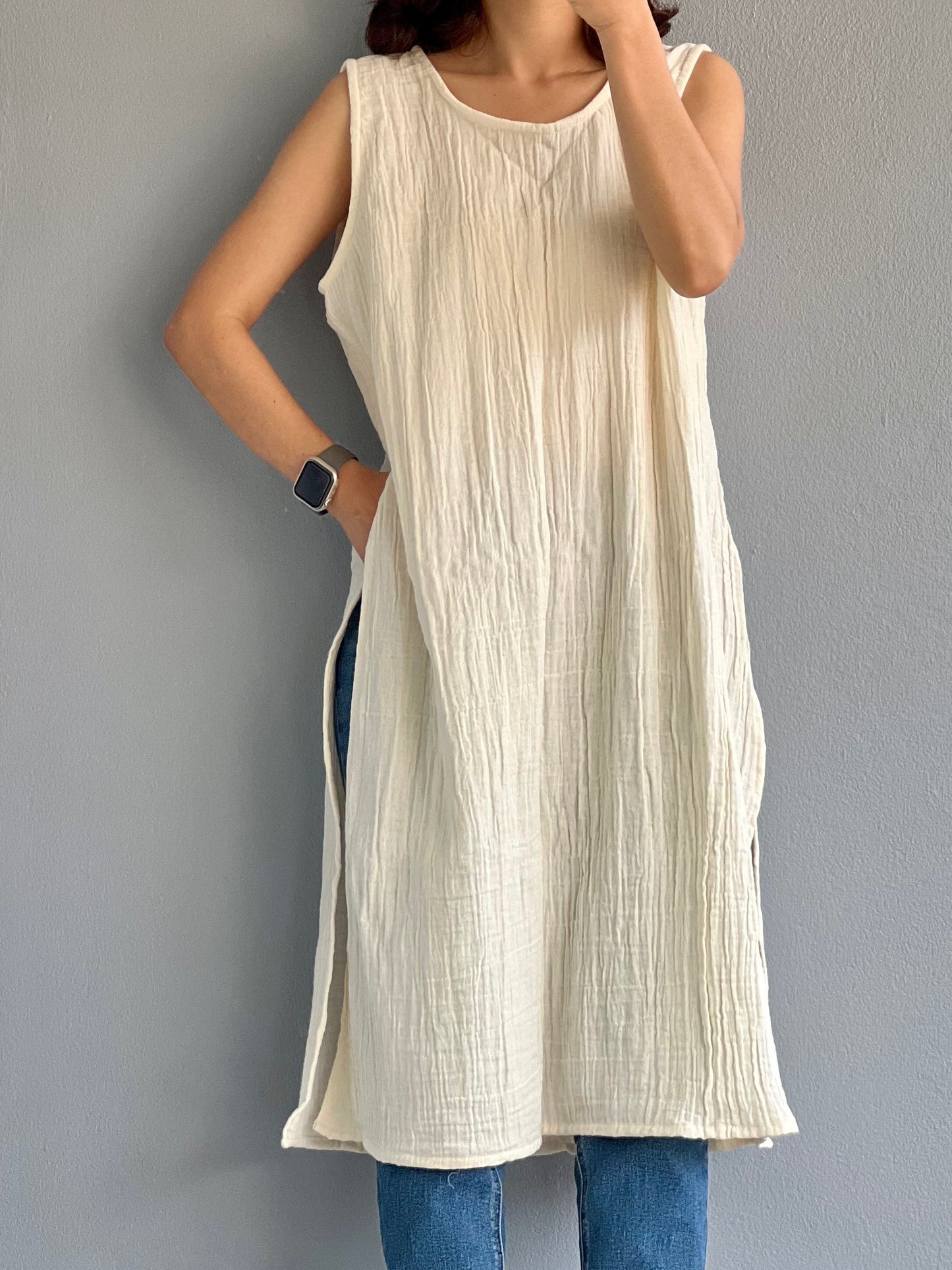 Muslin Double Gauze Sleeveless Long Top