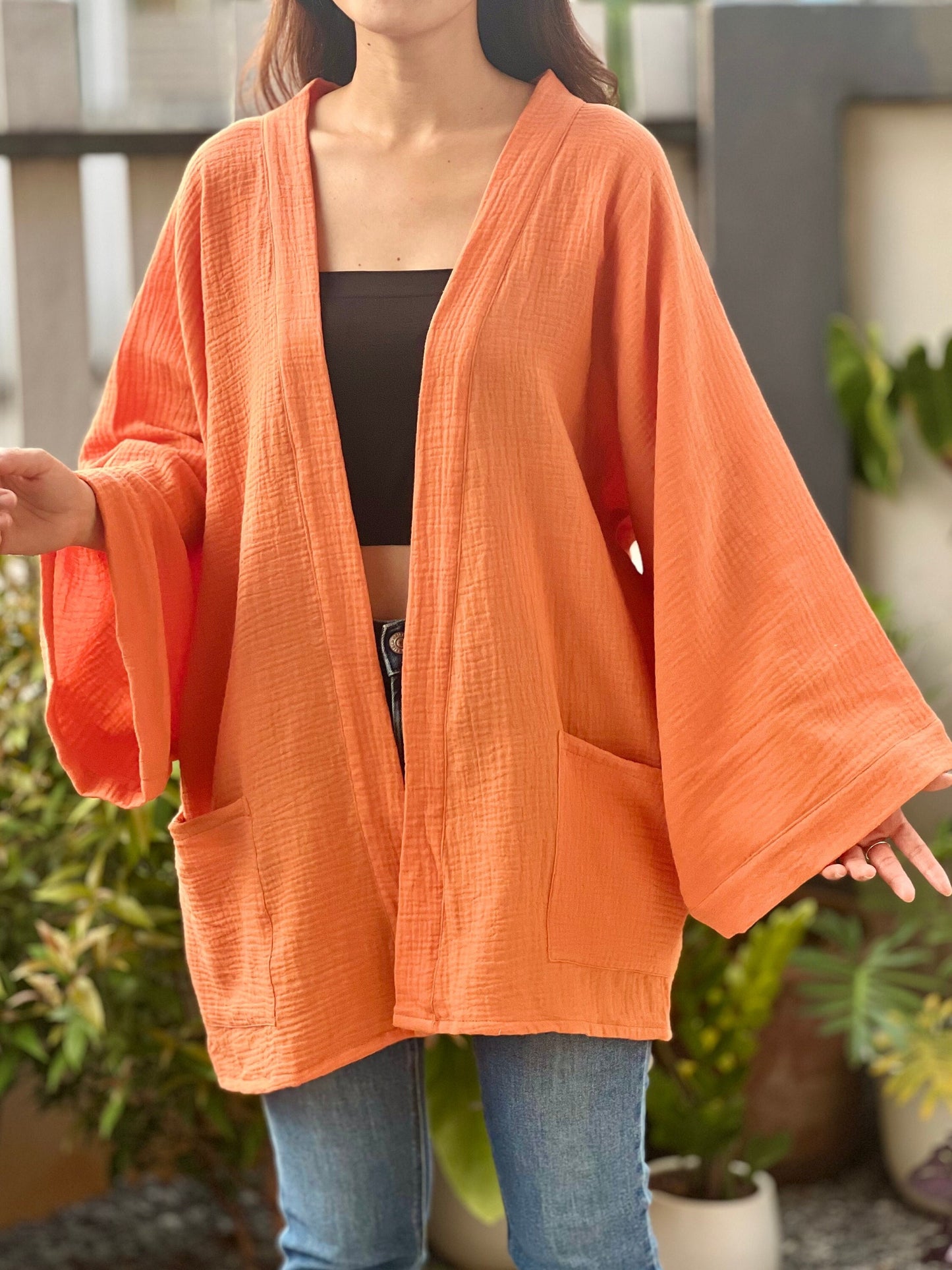 Muslin Double Gauze Kimono Loose Cover Up With Pockets