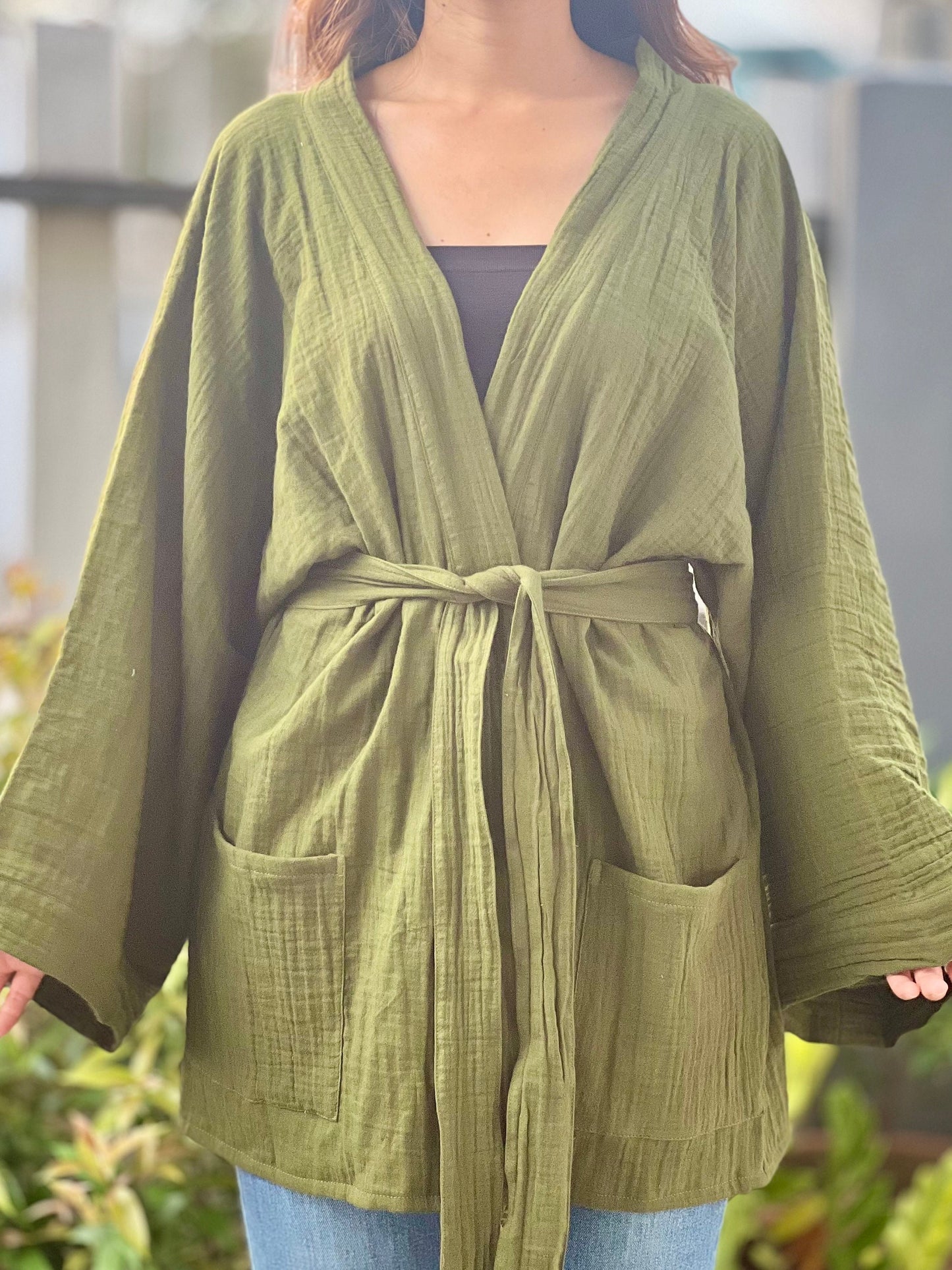 Muslin Double Gauze Kimono Loose Cover Up With Pockets