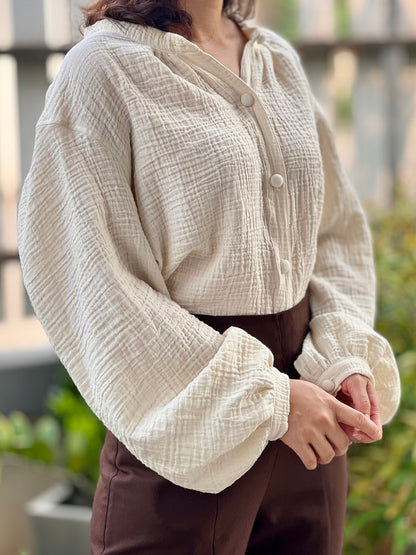 Muslin Double Gauze Band Collar Blouse | Crepe Cotton Loose Fit Shirt | Summer Shirt | Beach Wear | Swimsuit Cover