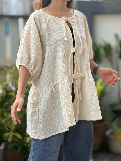 Muslin Double Gauze Loose String-Tie Blouse