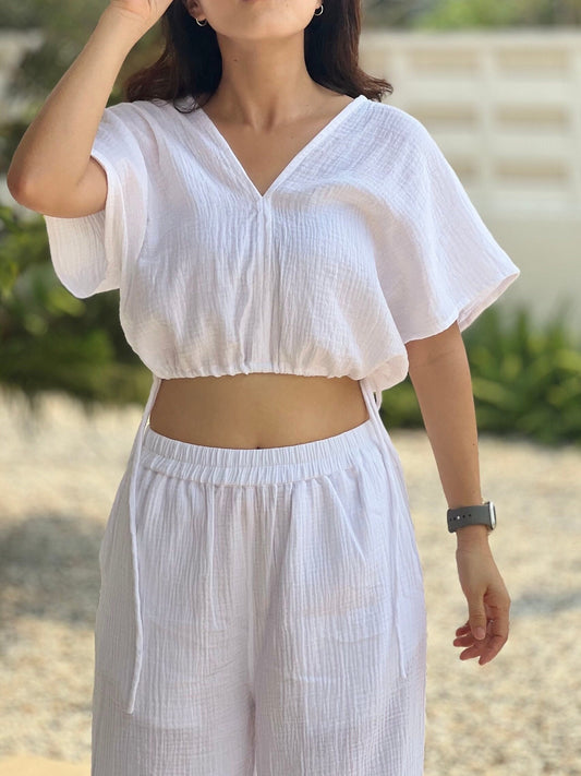 Muslin Double Gauze V-Neck Blouse with Adjustable Crop Top