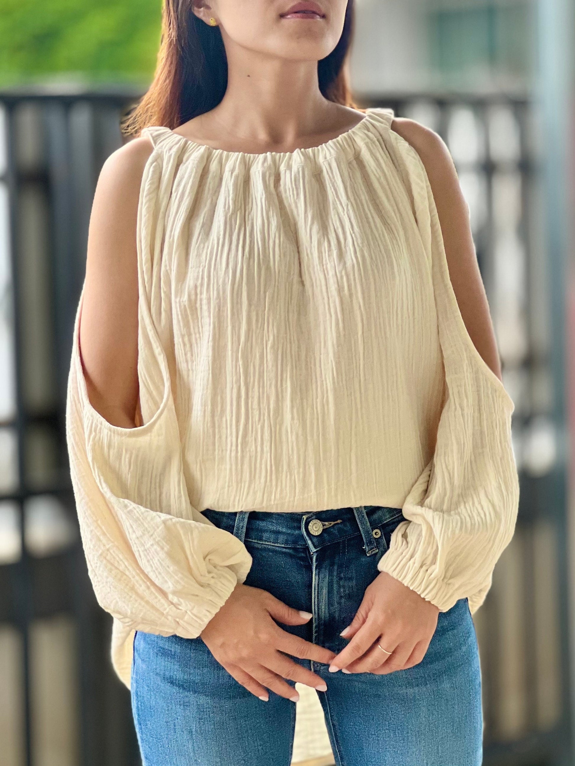 Double Gauze Long-Sleeve Round-Neck Off-Shoulder Shirt