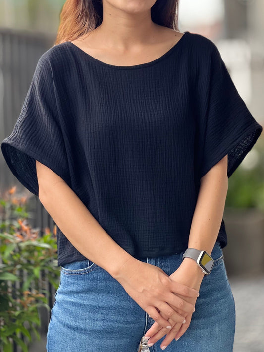 Double Gauze Scoop Neck Loose-Fitting Blouse