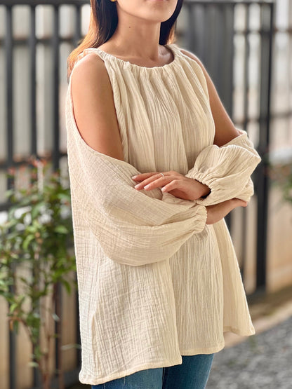 Double Gauze Long-Sleeve Round-Neck Off-Shoulder Shirt