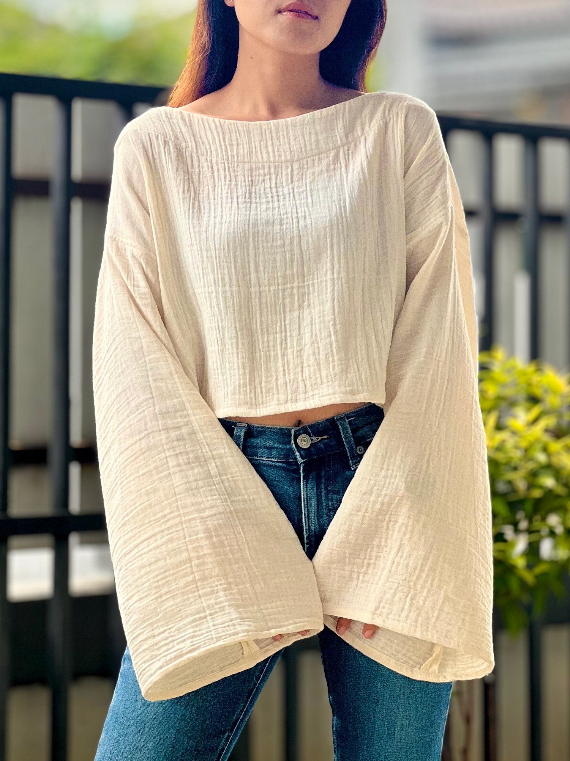 Double Gauze Wide Sleeve Front Crop Blouse