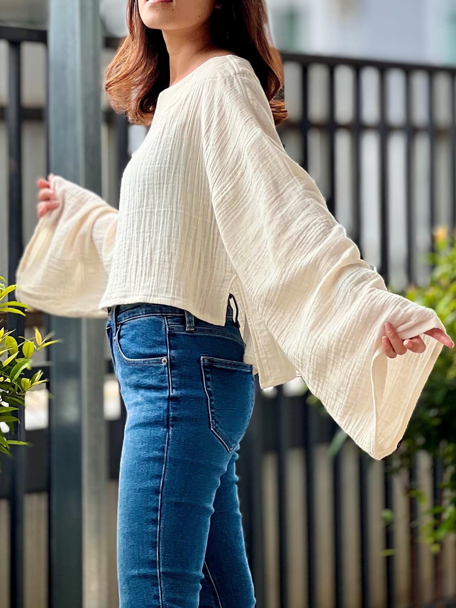 Double Gauze Wide Sleeve Front Crop Blouse