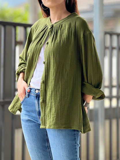Muslin Double Gauze Band Collar Blouse | Crepe Cotton Loose Fit Shirt | Summer Shirt | Beach Wear | Swimsuit Cover