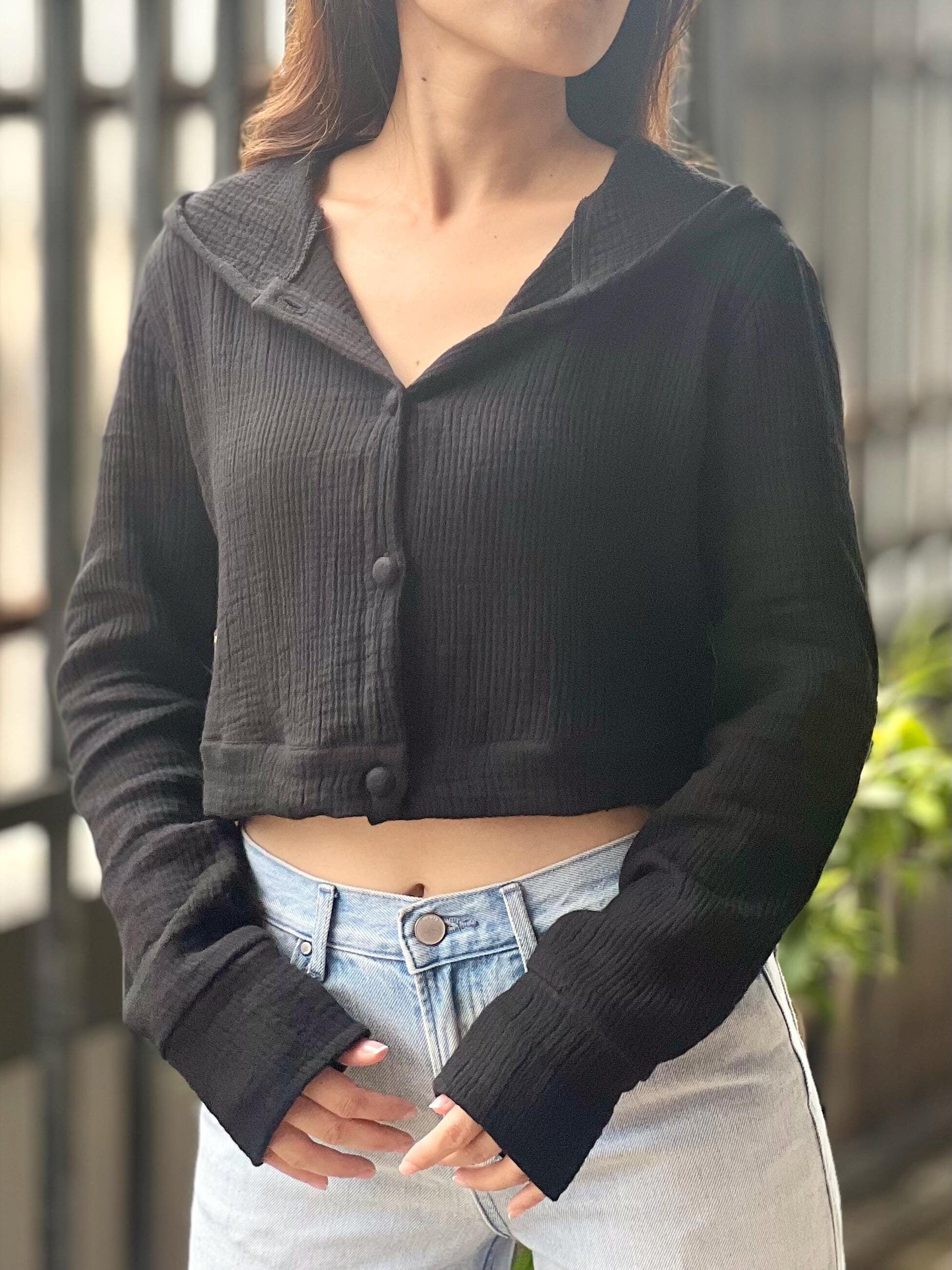 Muslin Triple Gauze Cropped Hoodie
