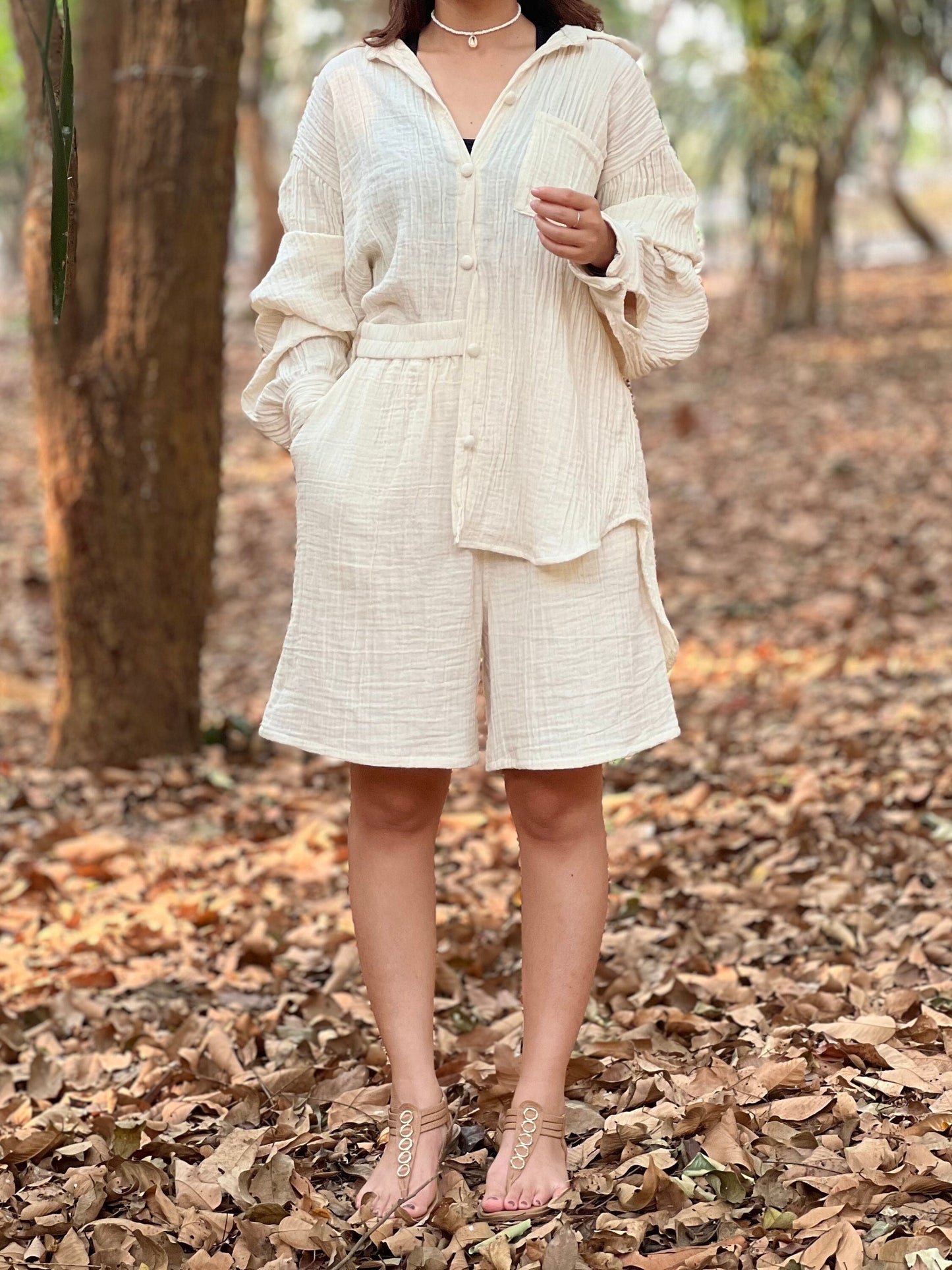 Womens Double Gauze Muslin Top and Pants Set Shorts - Loungeware