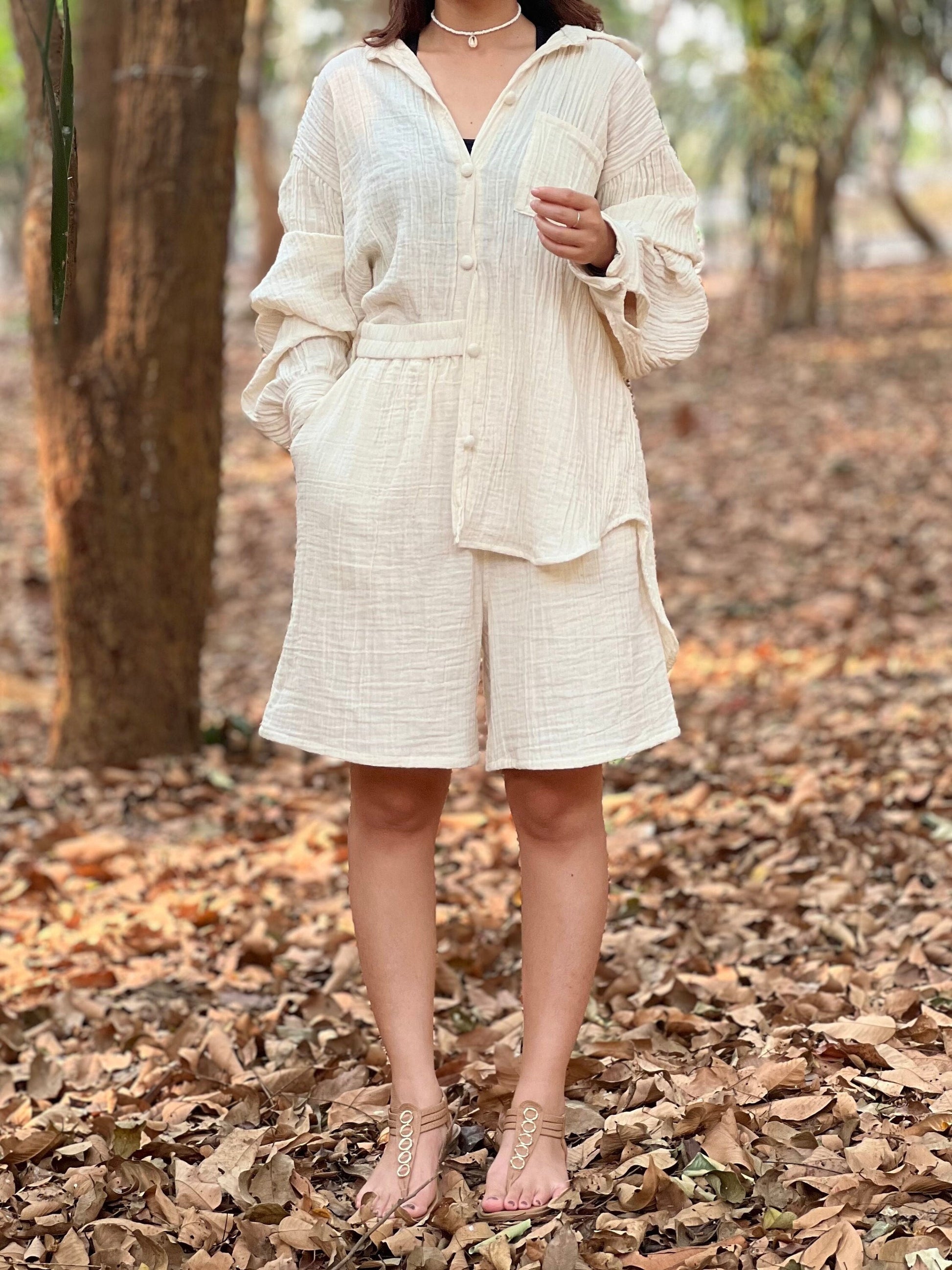 Womens Double Gauze Muslin Top and Pants Set Shorts - Loungeware