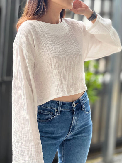 Double Gauze Wide Sleeve Front Crop Blouse