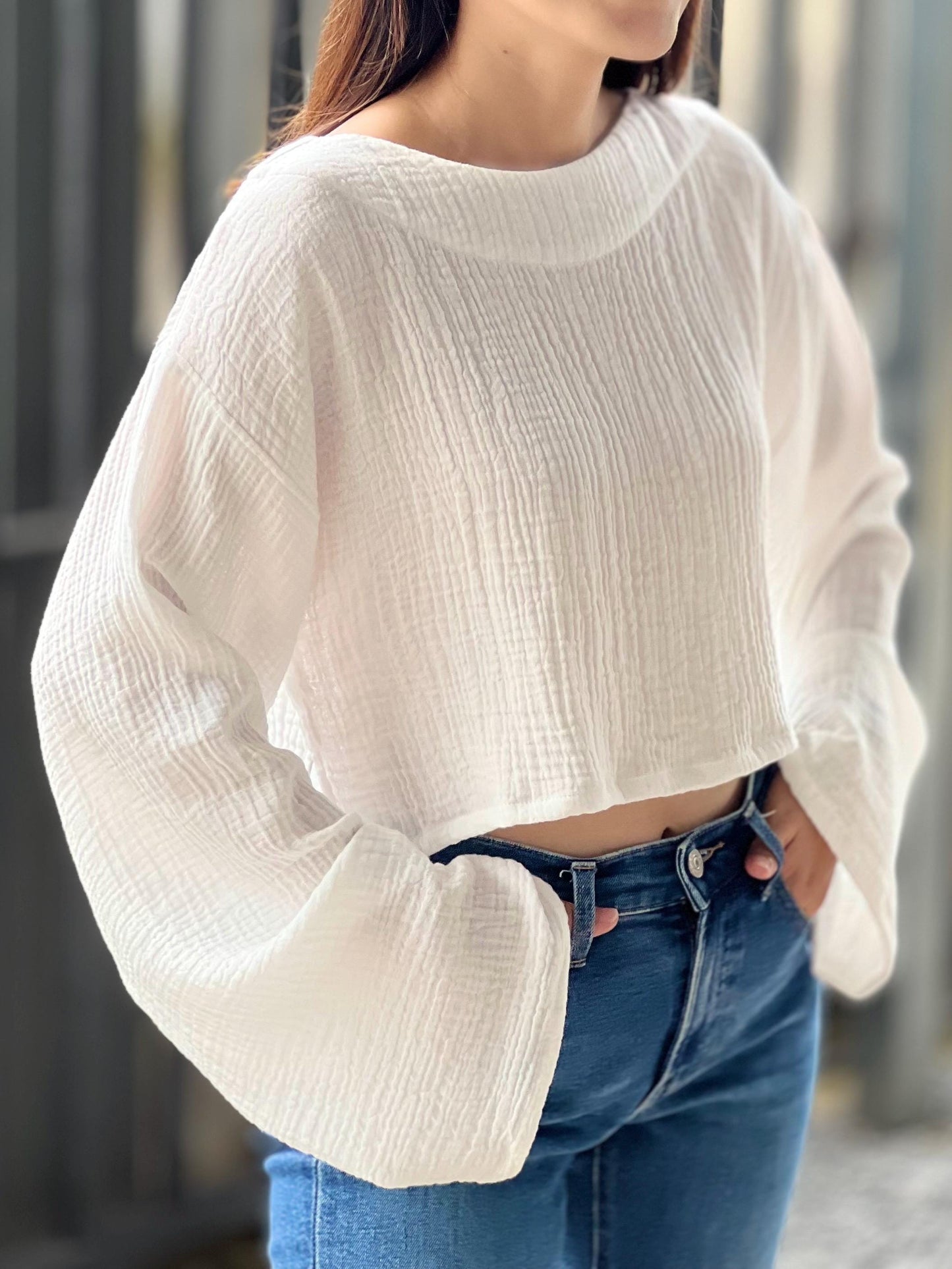 Double Gauze Wide Sleeve Front Crop Blouse