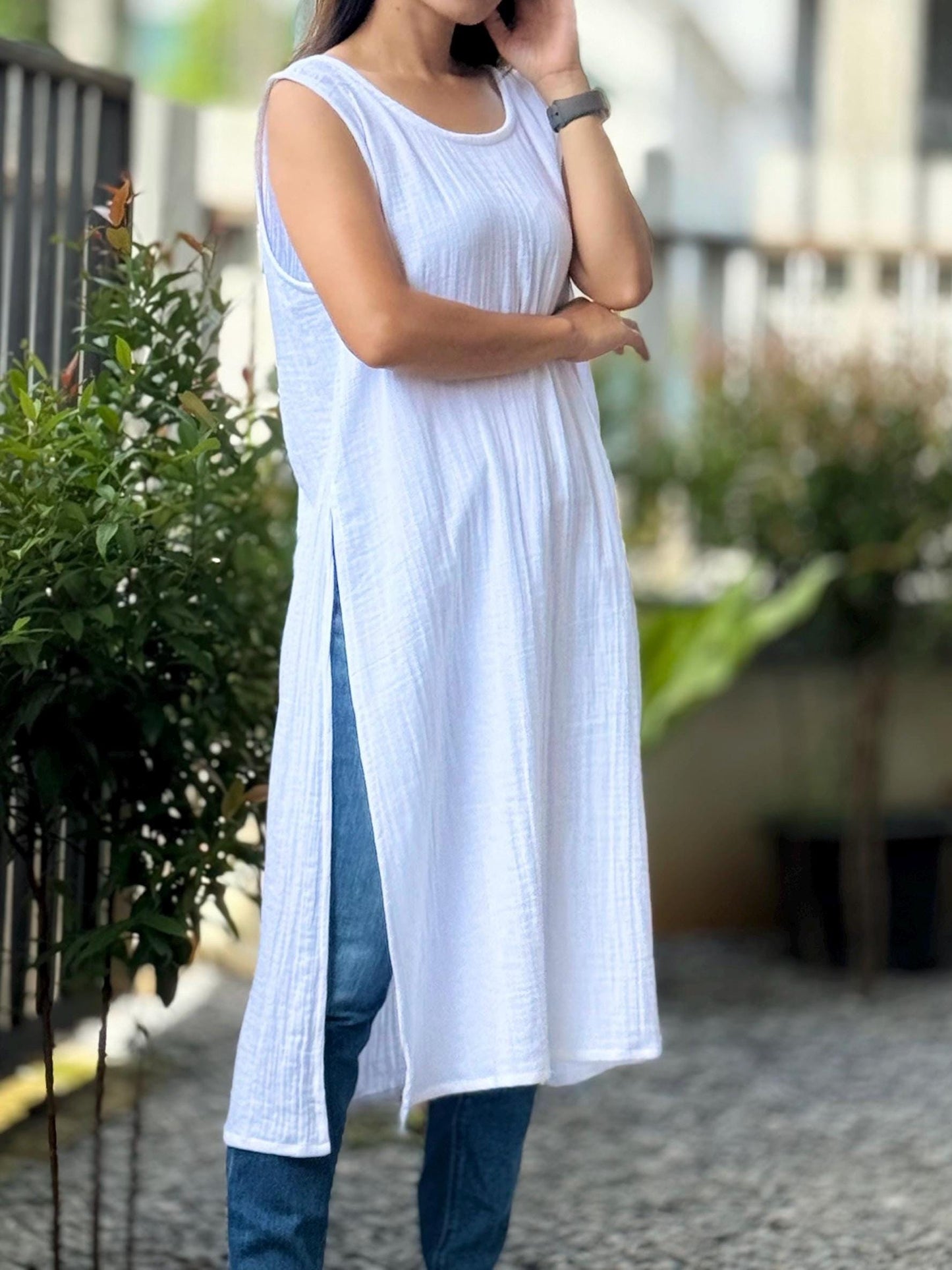 Muslin Double Gauze Sleeveless Long Top