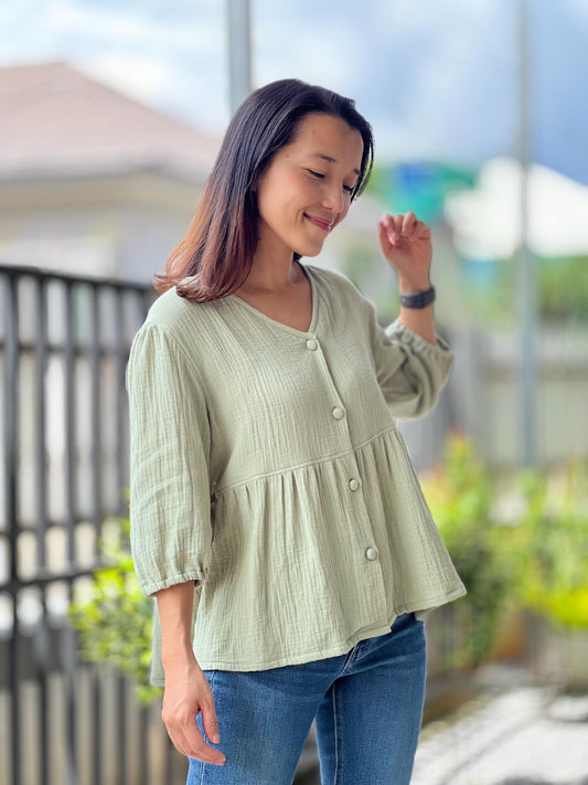 Double Gauze Button Up V-neck Blouse
