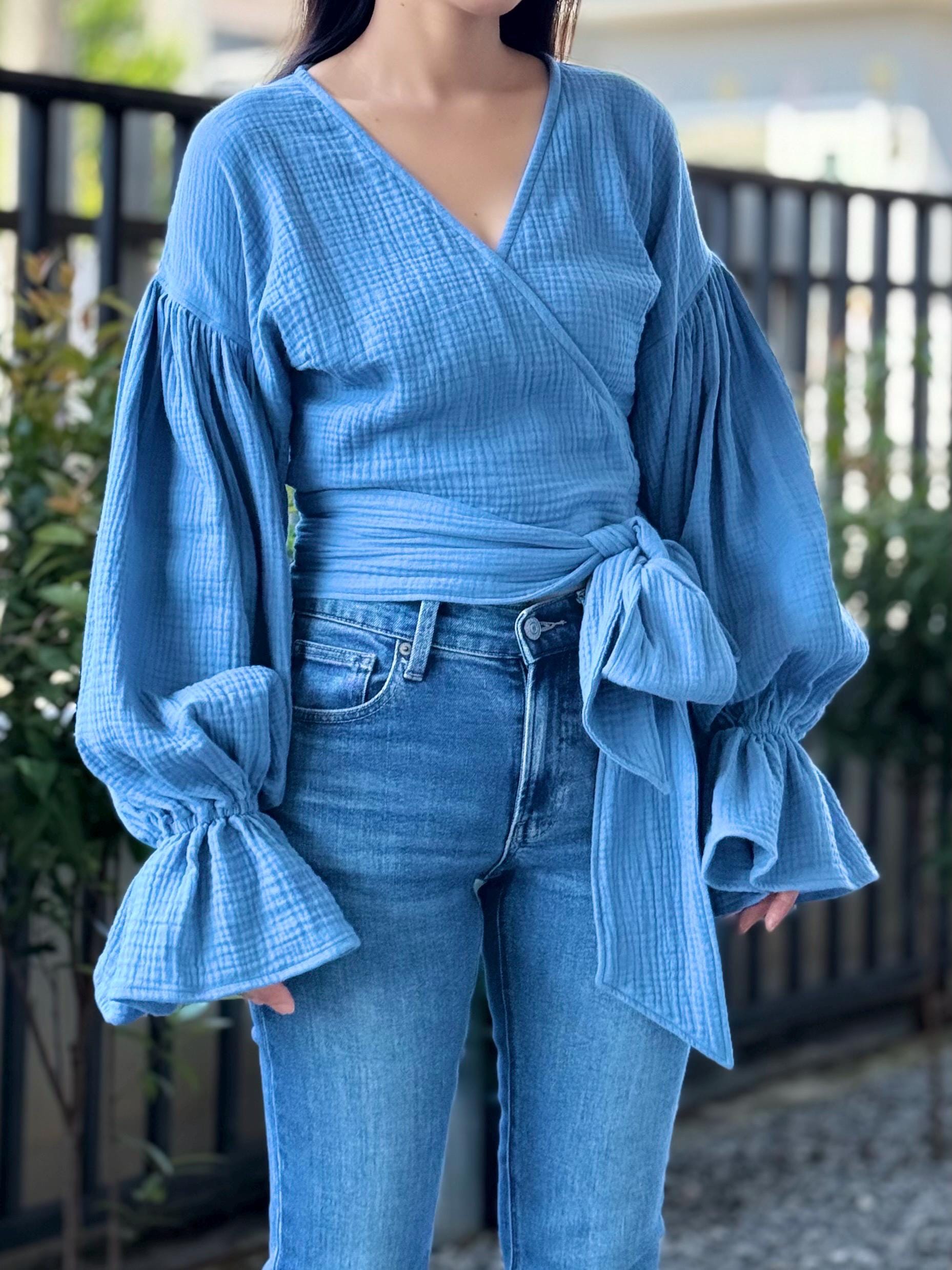 Double-Gauze Cotton Top with Puffy Sleeves and Adjustable Waist Tie