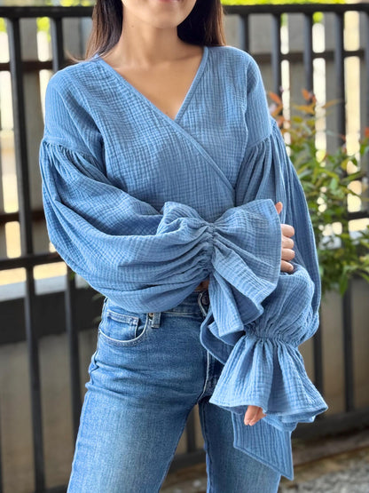 Double-Gauze Cotton Top with Puffy Sleeves and Adjustable Waist Tie